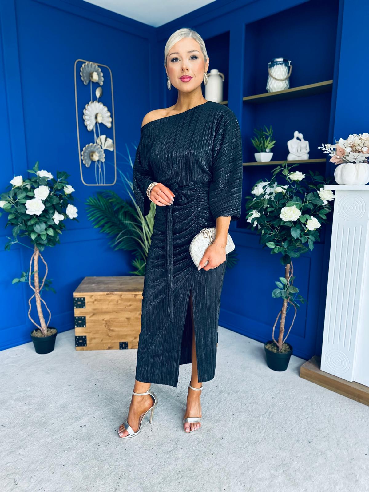 Vendy Off The Shoulder Ruched Detail Midi Dress Black Metallic