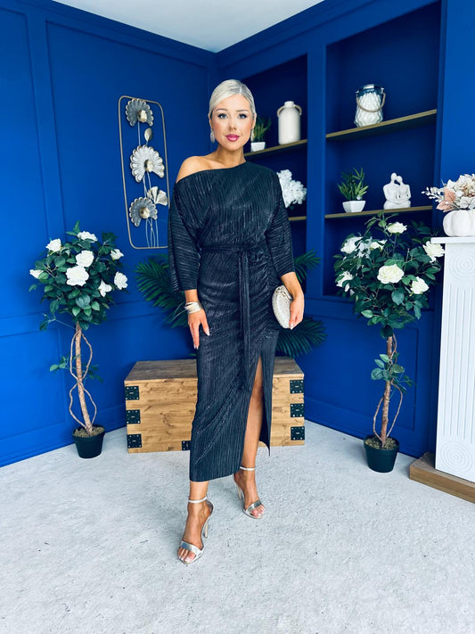 Vendy Off The Shoulder Ruched Detail Midi Dress Black Metallic