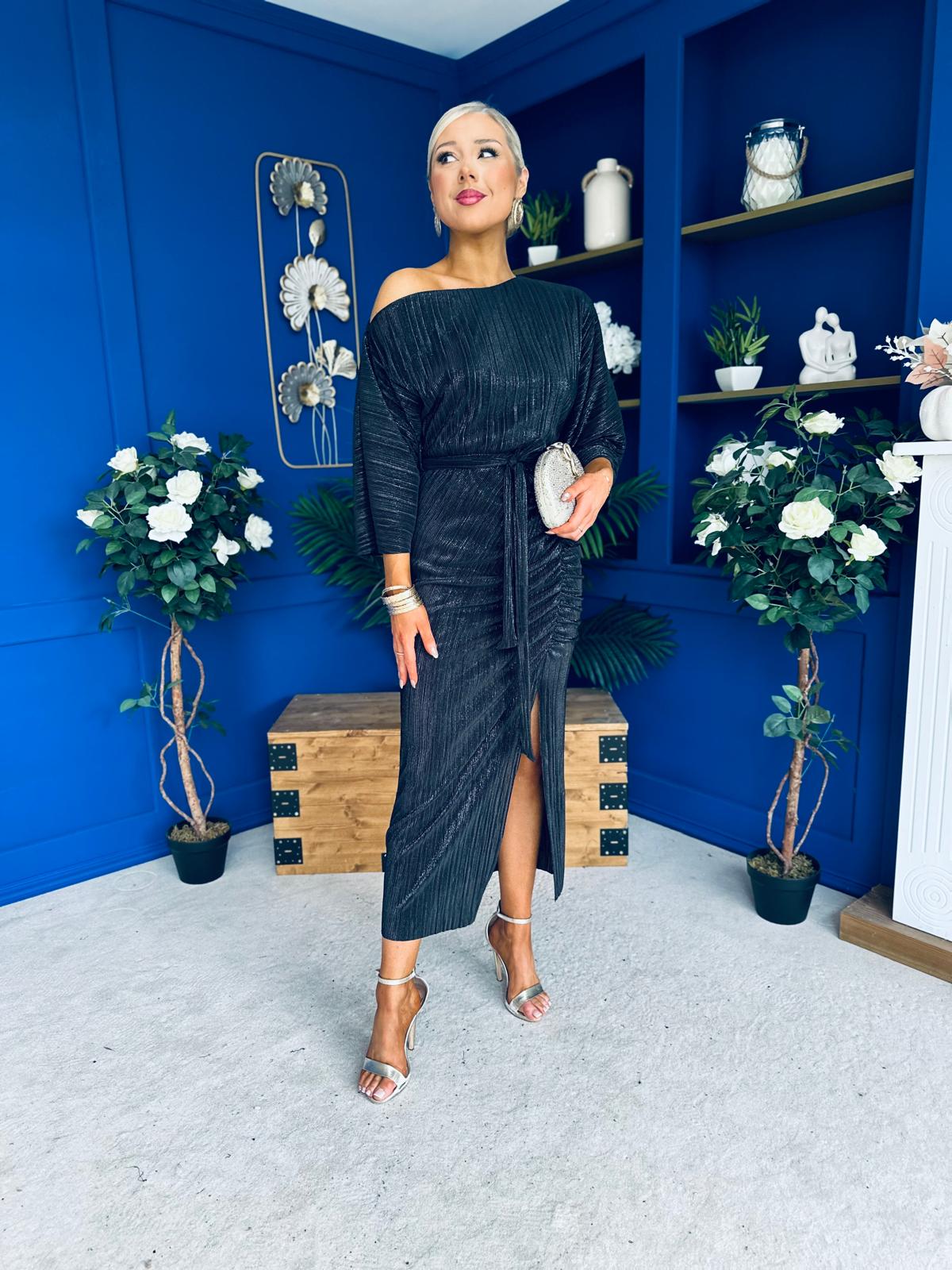 Vendy Off The Shoulder Ruched Detail Midi Dress Black Metallic