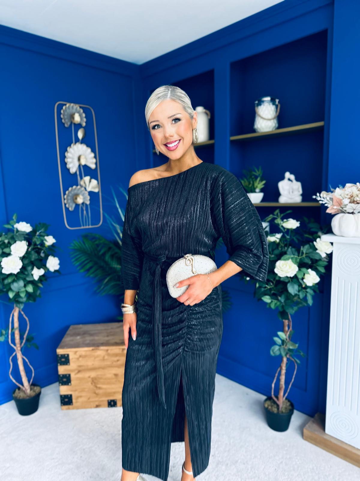 Vendy Off The Shoulder Ruched Detail Midi Dress Black Metallic