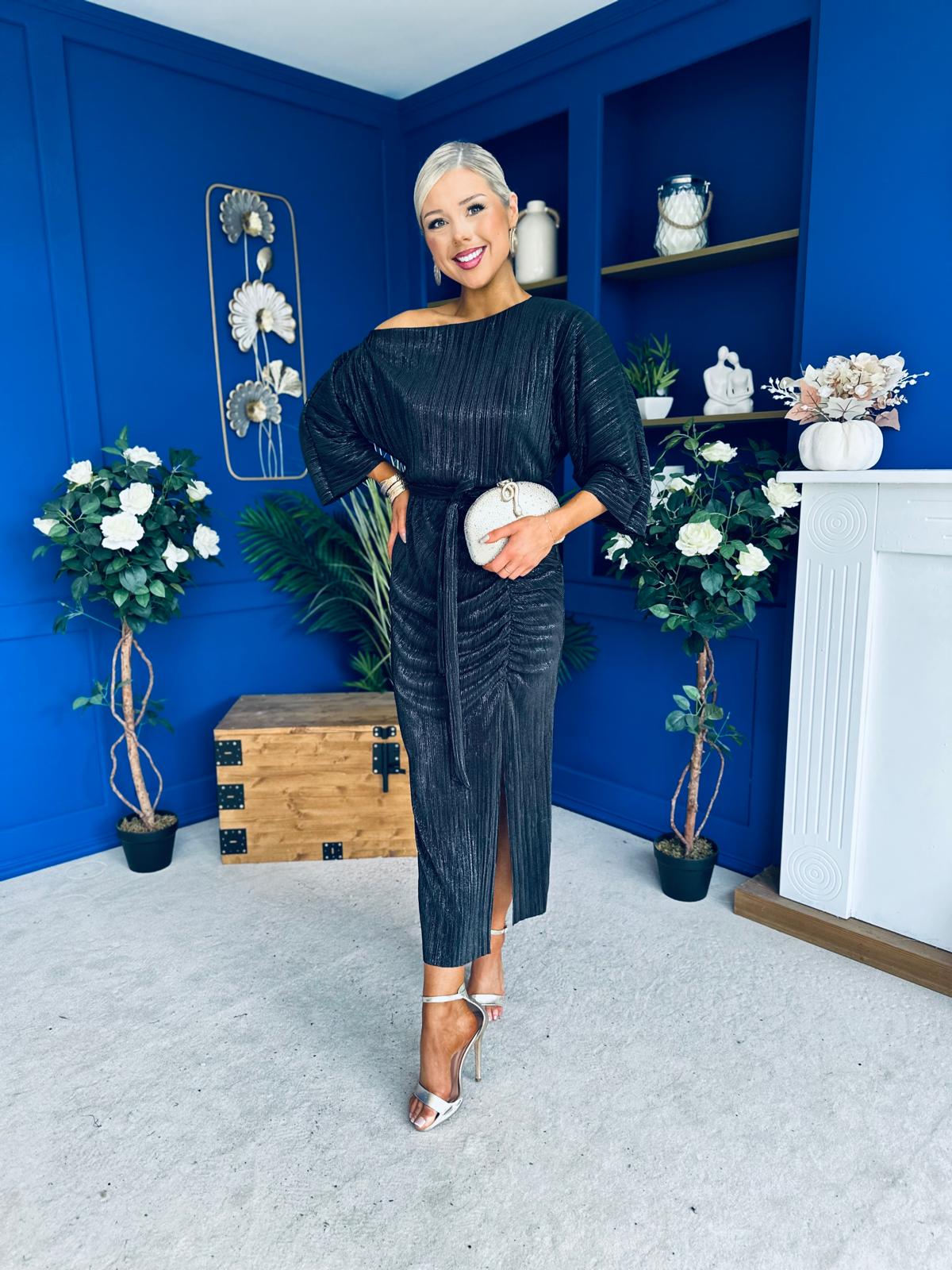 Vendy Off The Shoulder Ruched Detail Midi Dress Black Metallic