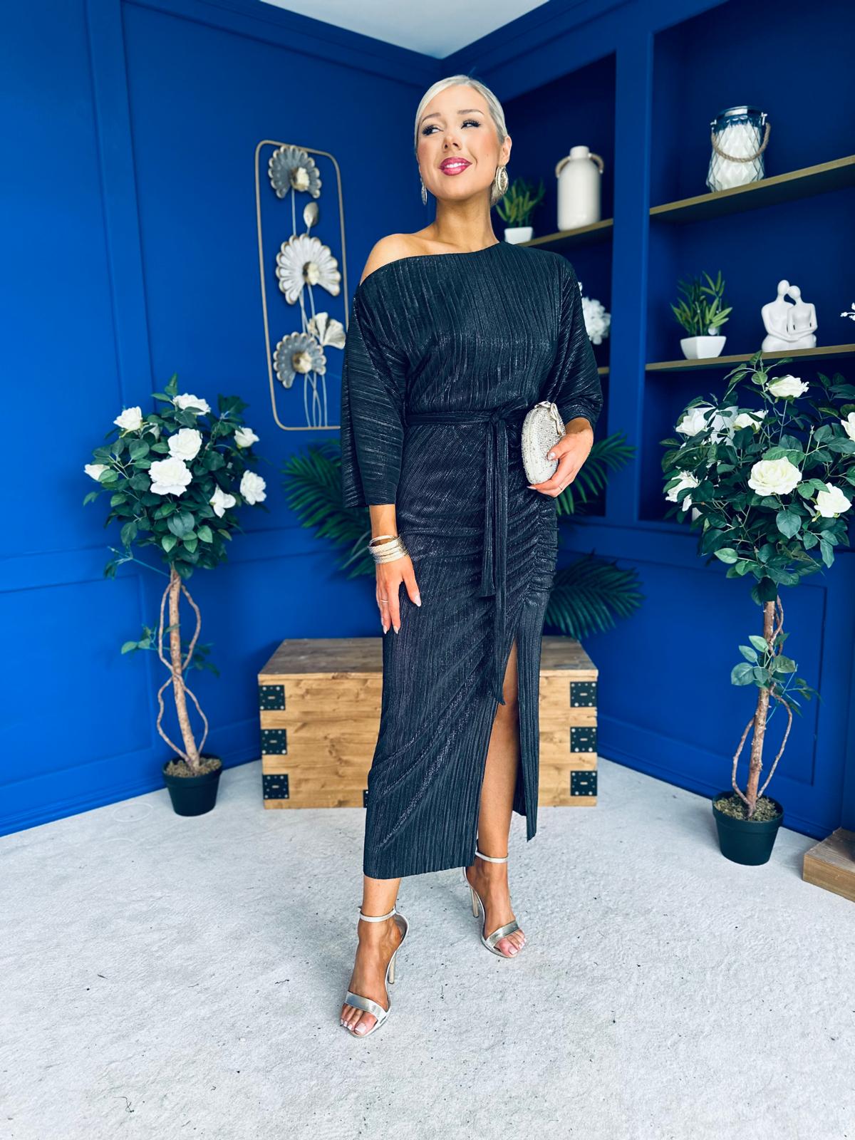 Vendy Off The Shoulder Ruched Detail Midi Dress Black Metallic