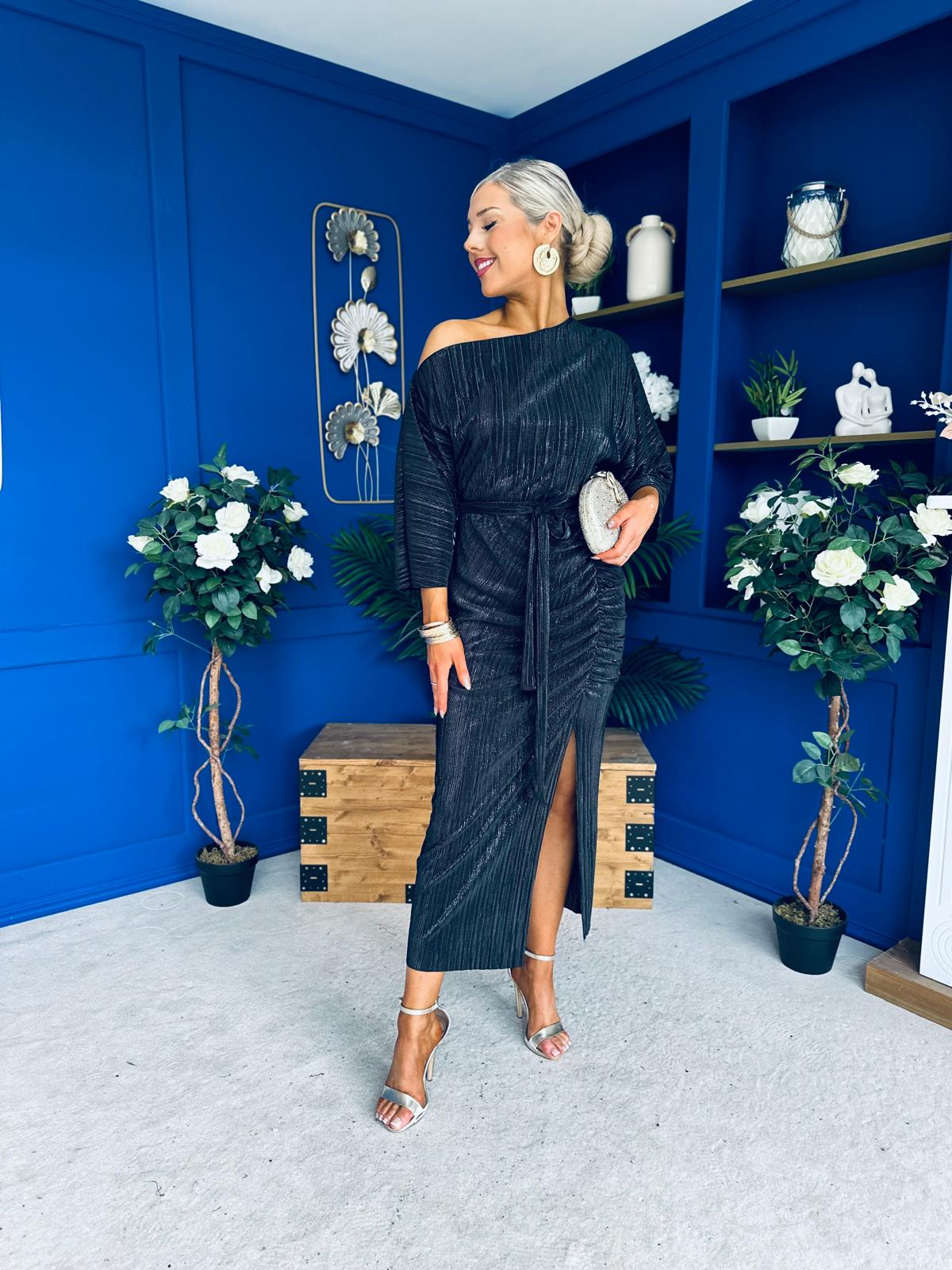 Vendy Off The Shoulder Ruched Detail Midi Dress Black Metallic