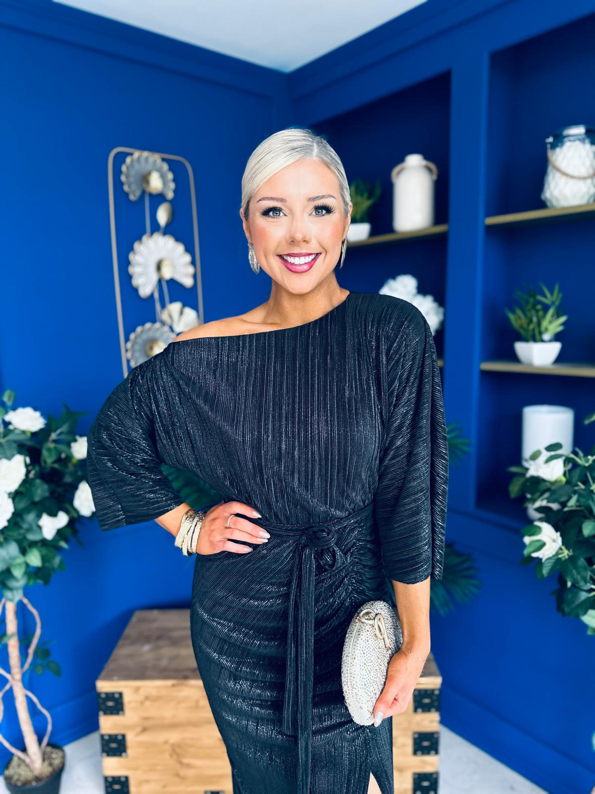 Vendy Off The Shoulder Ruched Detail Midi Dress Black Metallic