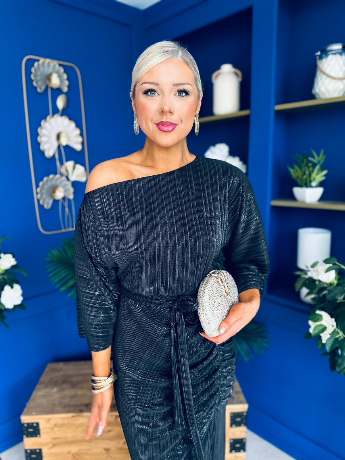 Vendy Off The Shoulder Ruched Detail Midi Dress Black Metallic