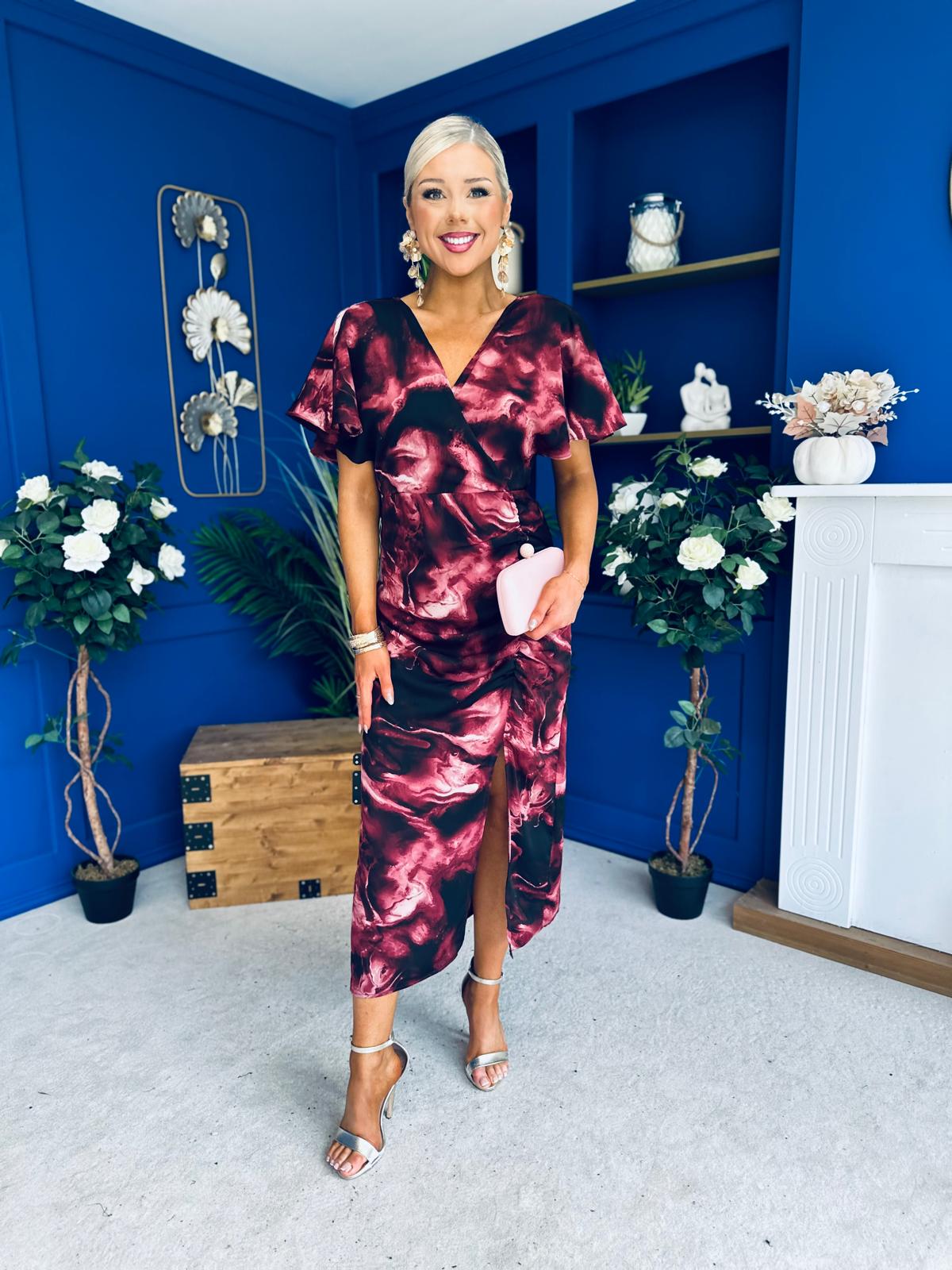 Priscilla Wrap Over Ruched Detail Midi Dress Wine Marble