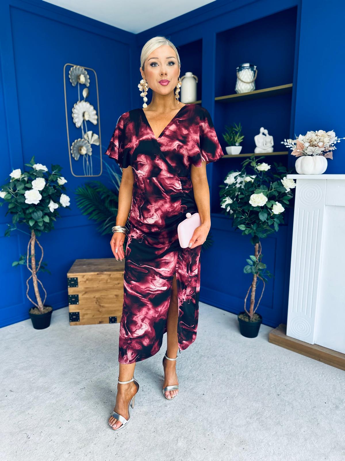 Priscilla Wrap Over Ruched Detail Midi Dress Wine Marble