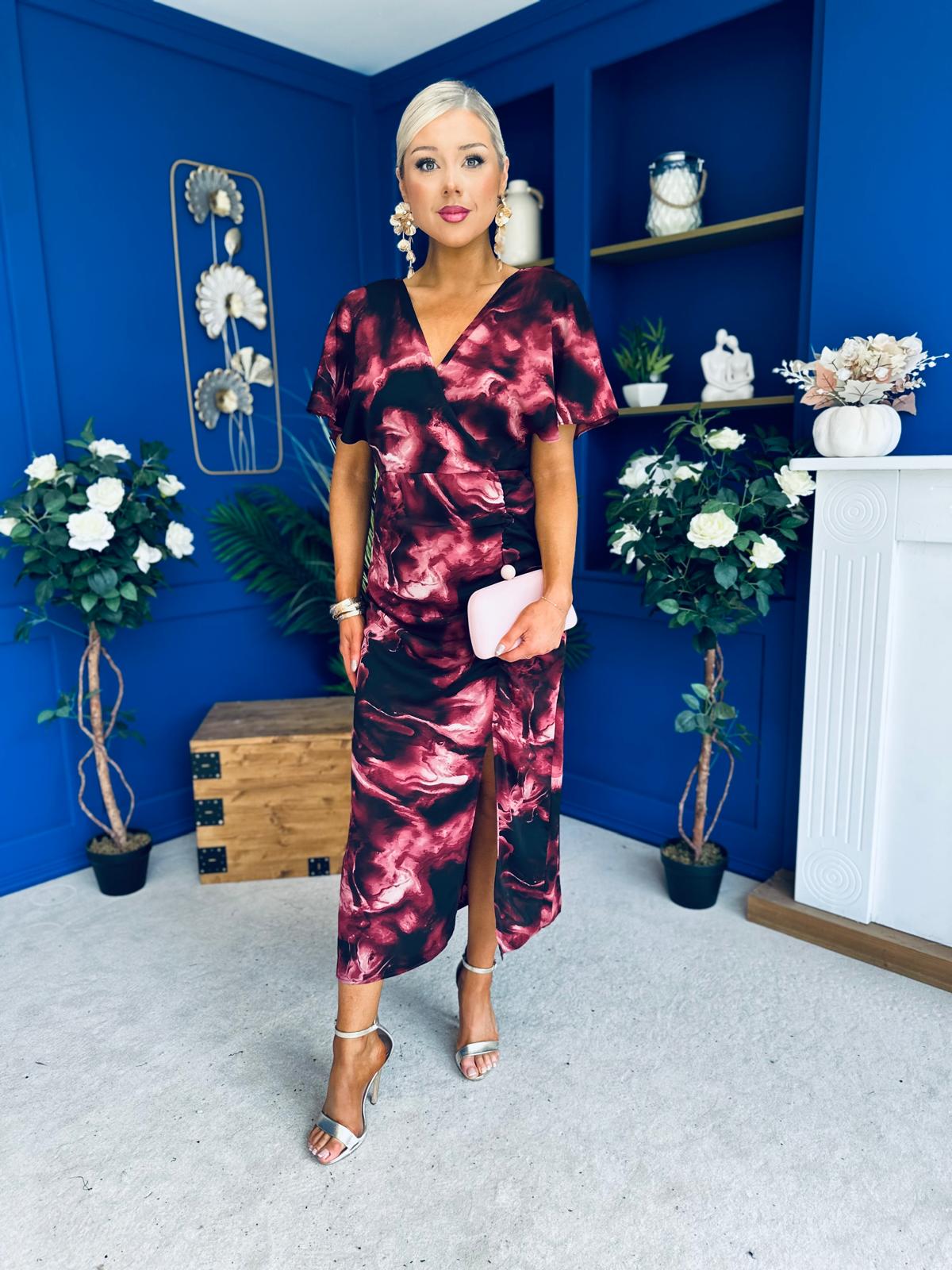 Priscilla Wrap Over Ruched Detail Midi Dress Wine Marble