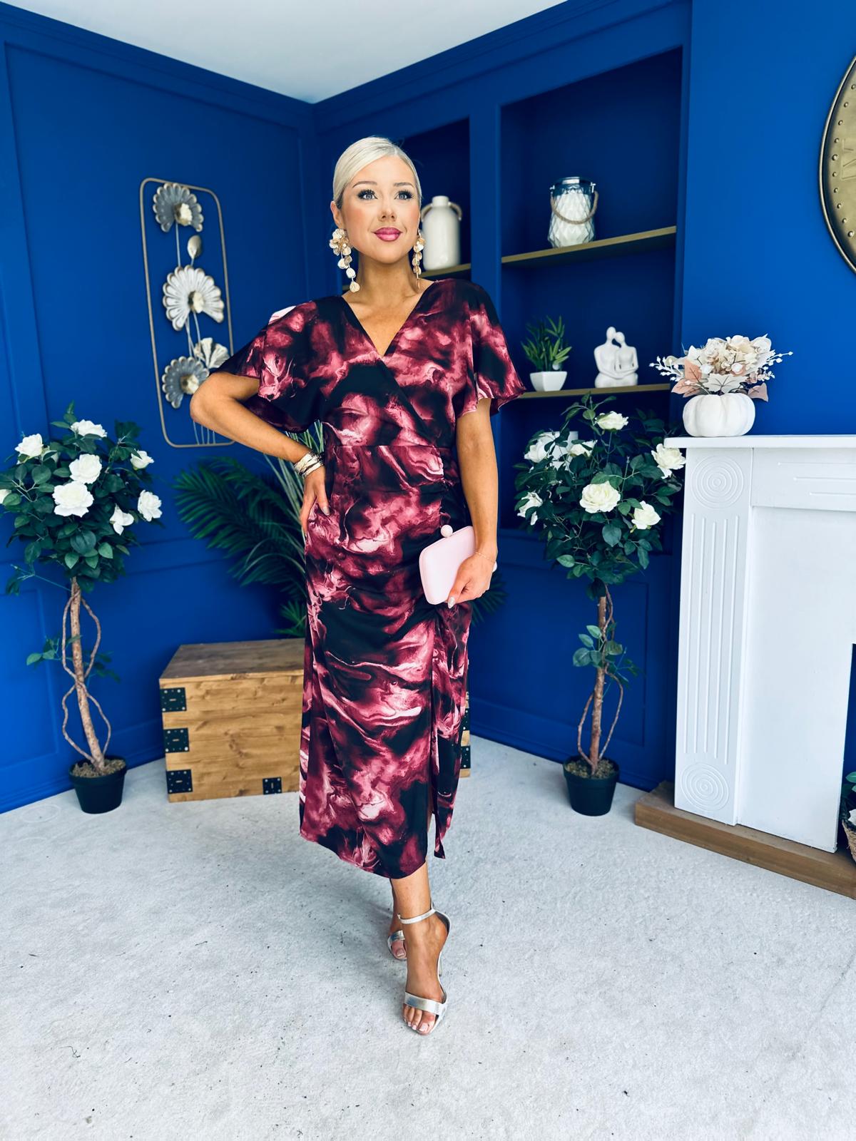 Priscilla Wrap Over Ruched Detail Midi Dress Wine Marble