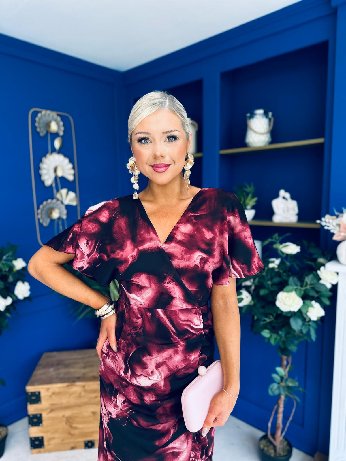 Priscilla Wrap Over Ruched Detail Midi Dress Wine Marble