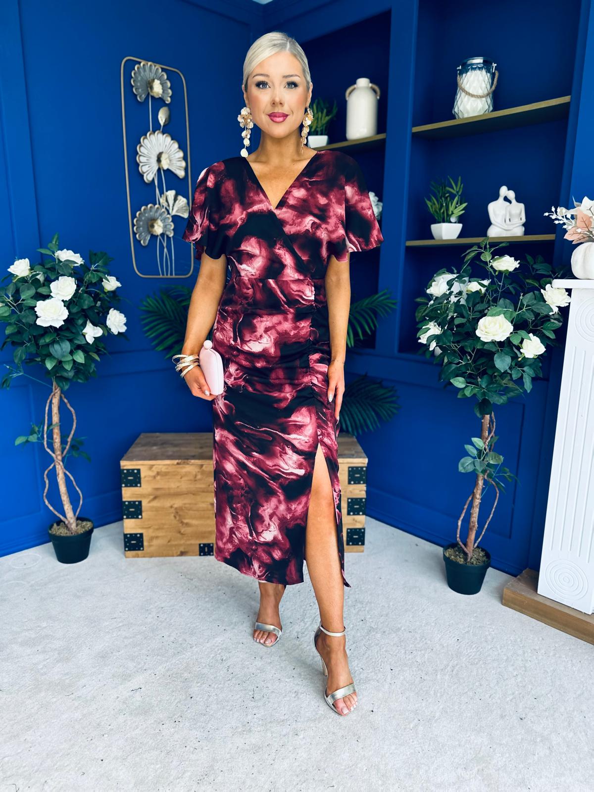 Priscilla Wrap Over Ruched Detail Midi Dress Wine Marble