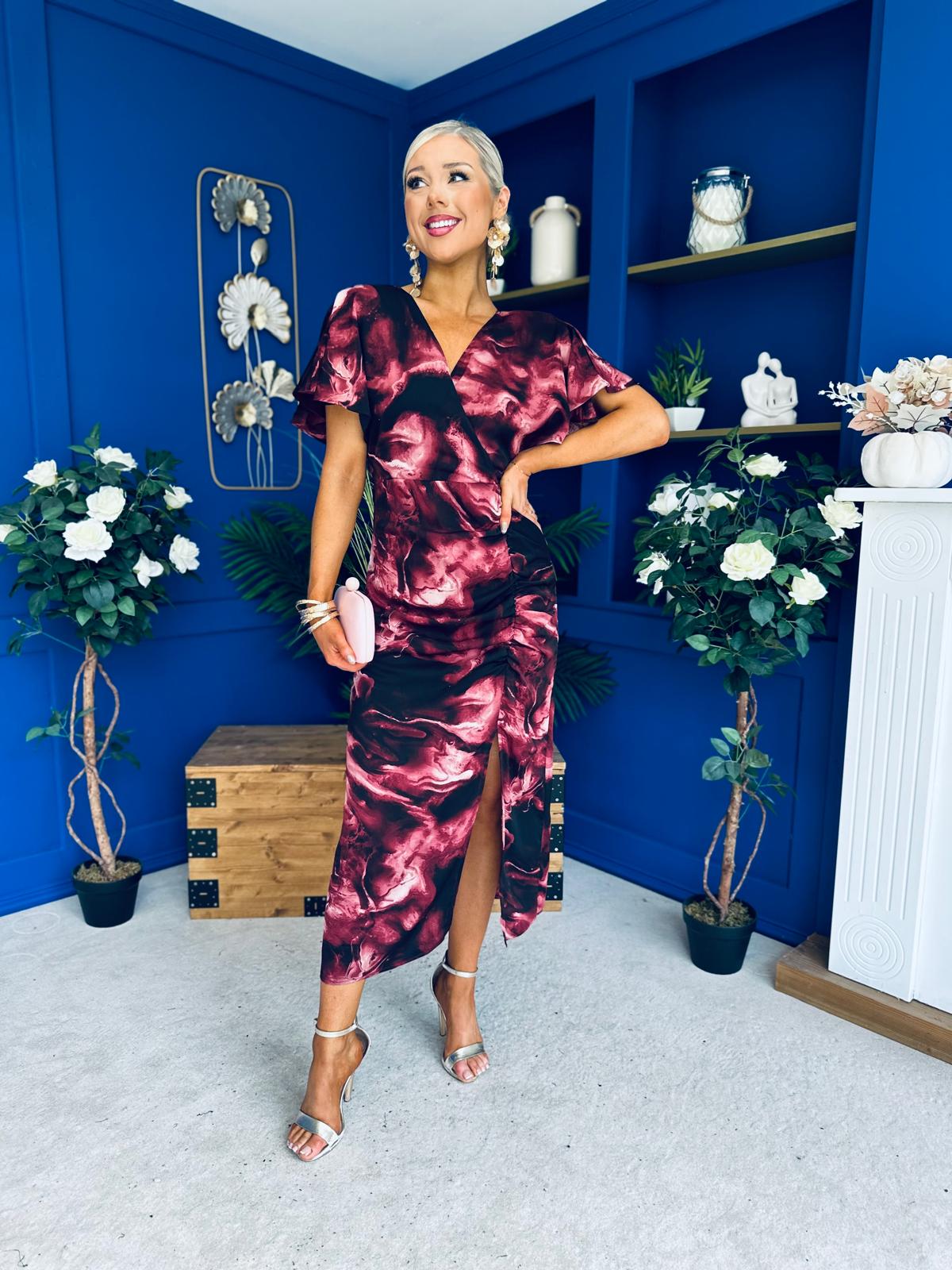 Priscilla Wrap Over Ruched Detail Midi Dress Wine Marble