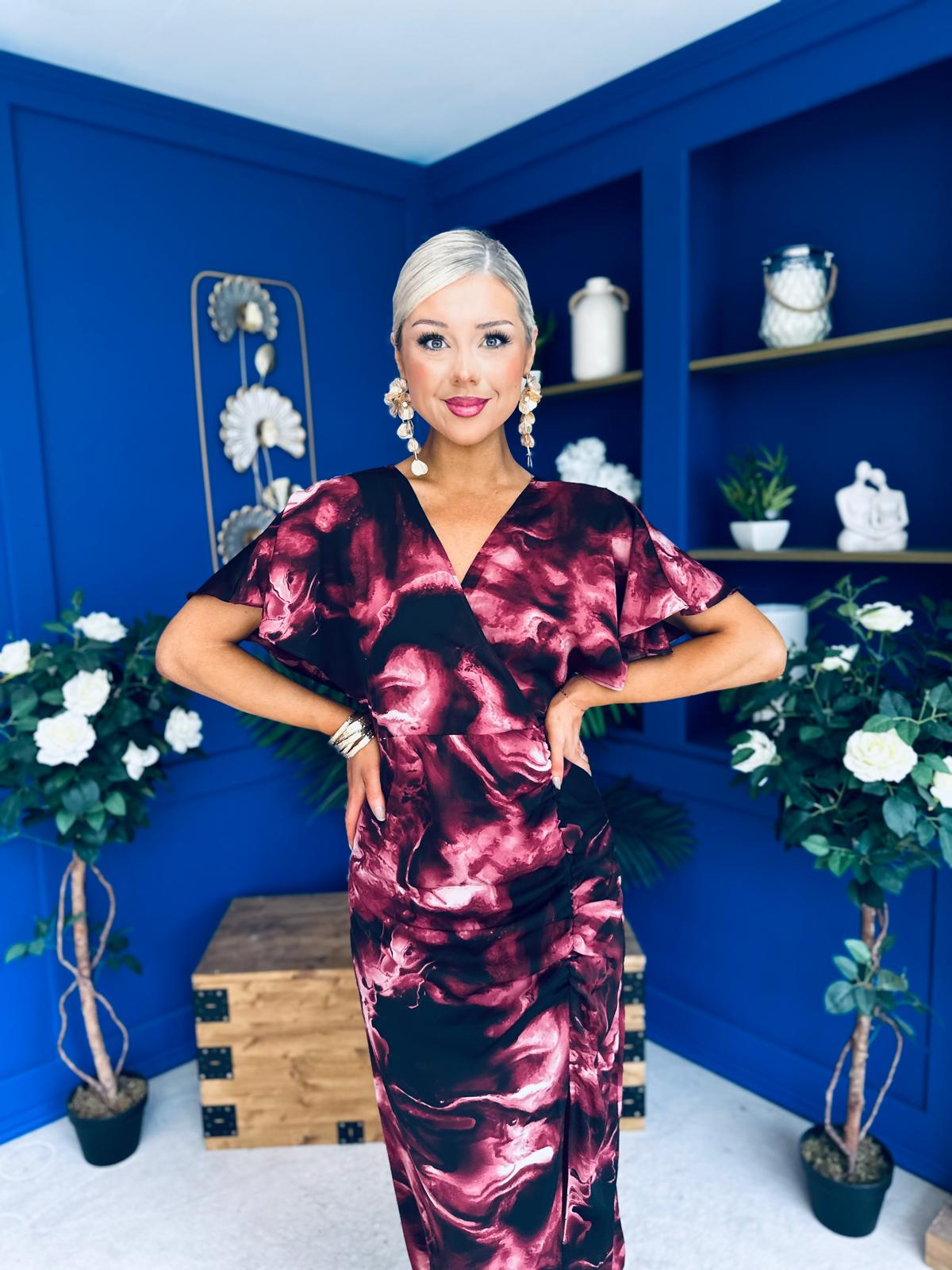 Priscilla Wrap Over Ruched Detail Midi Dress Wine Marble