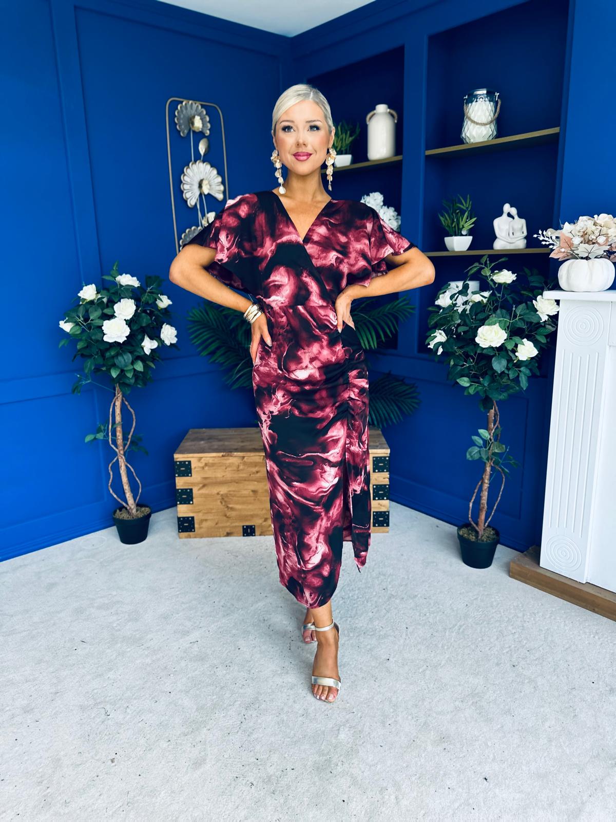 Priscilla Wrap Over Ruched Detail Midi Dress Wine Marble