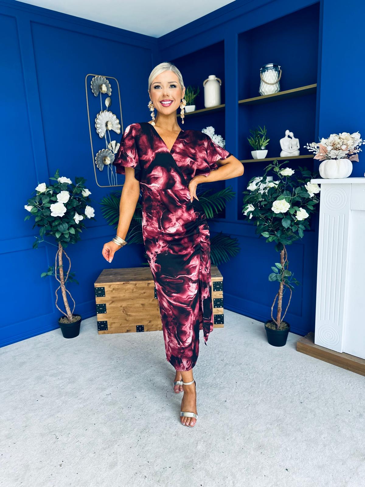 Priscilla Wrap Over Ruched Detail Midi Dress Wine Marble