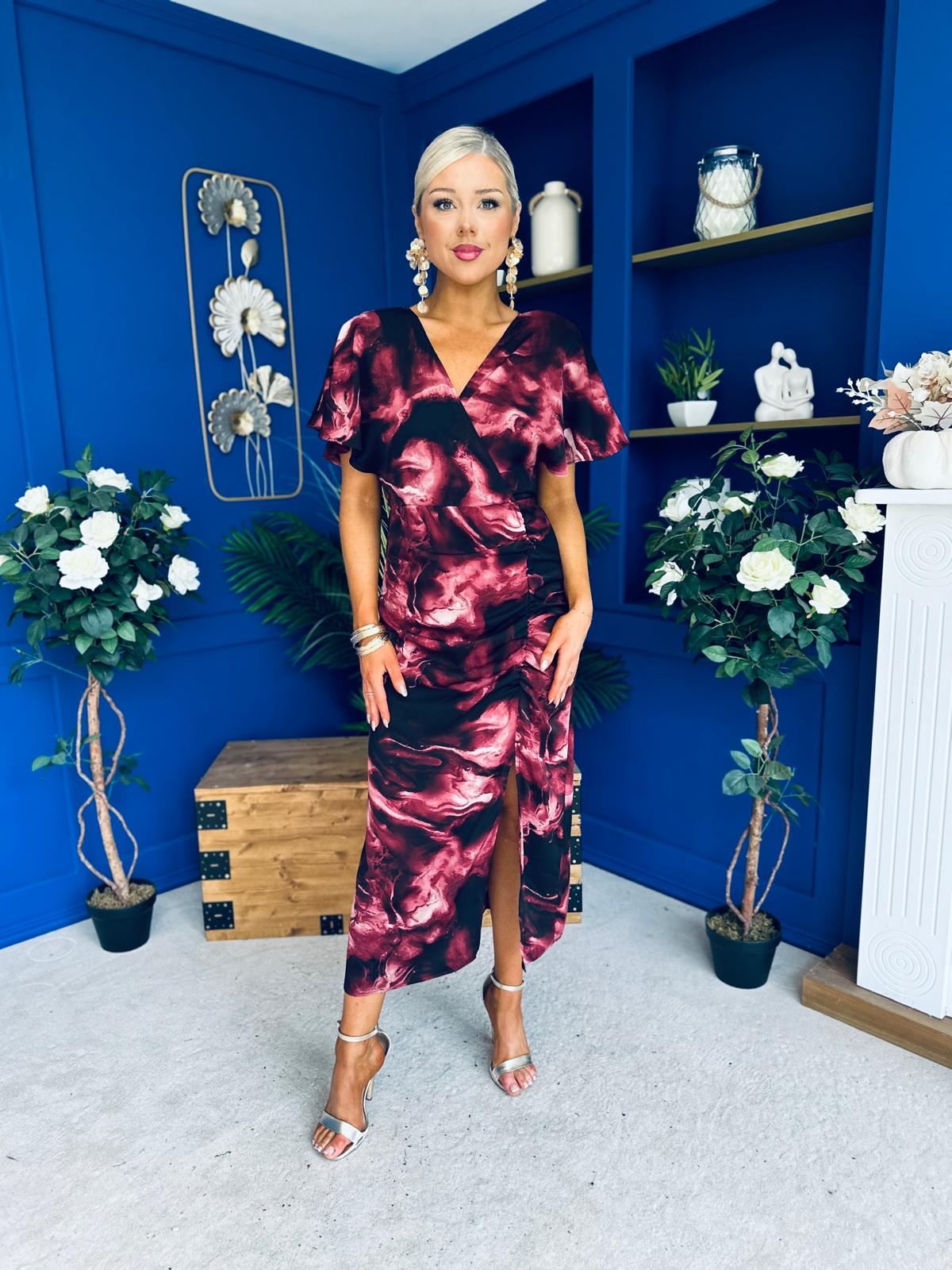 Priscilla Wrap Over Ruched Detail Midi Dress Wine Marble