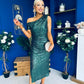 Donna Sequin Asymmetric Occasion Dress Forest