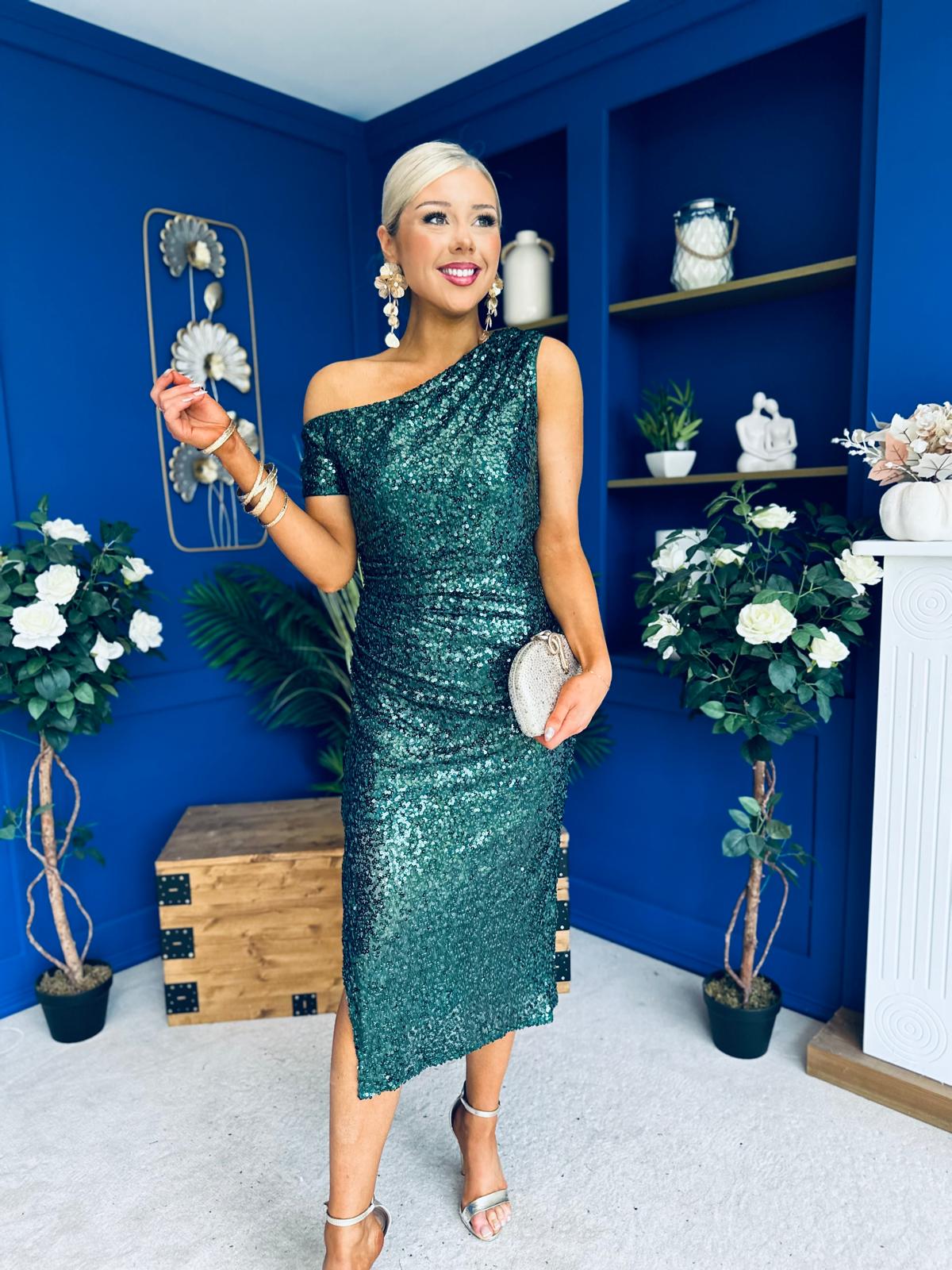 Donna Sequin Asymmetric Occasion Dress Forest