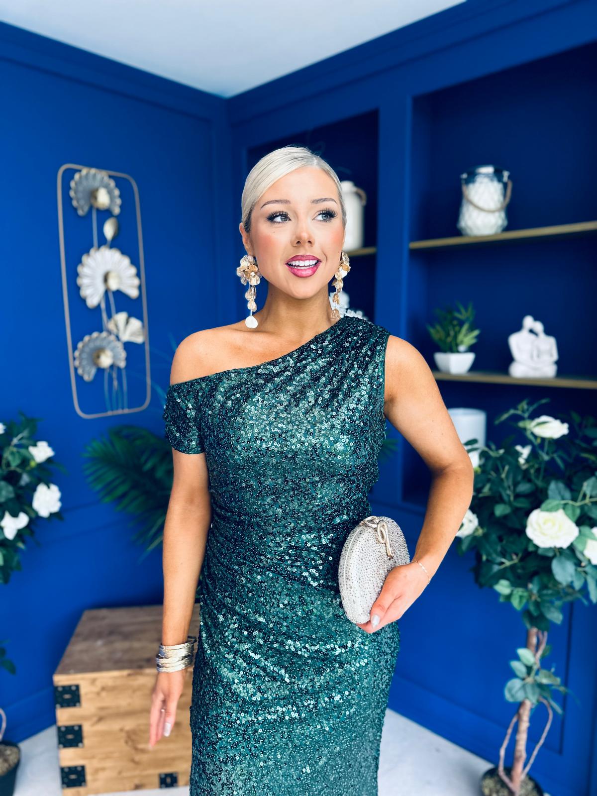 Donna Sequin Asymmetric Occasion Dress Forest