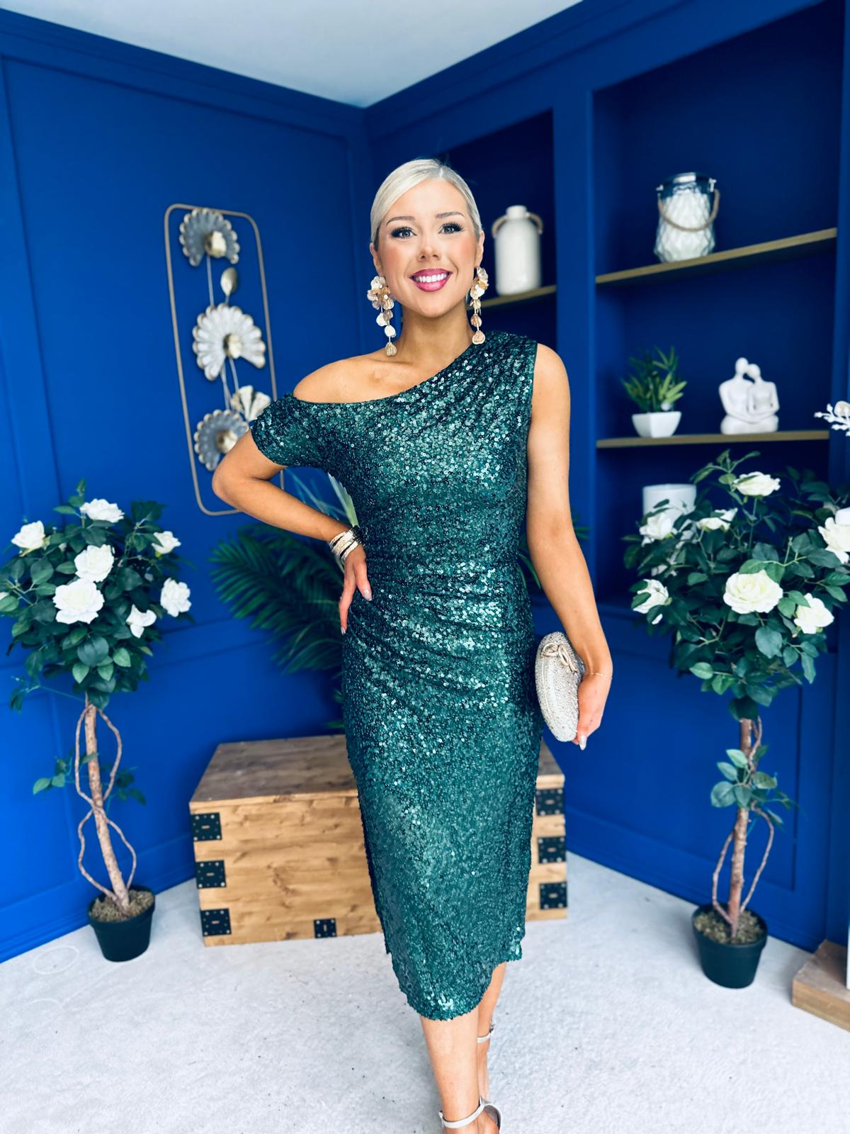 Donna Sequin Asymmetric Occasion Dress Forest