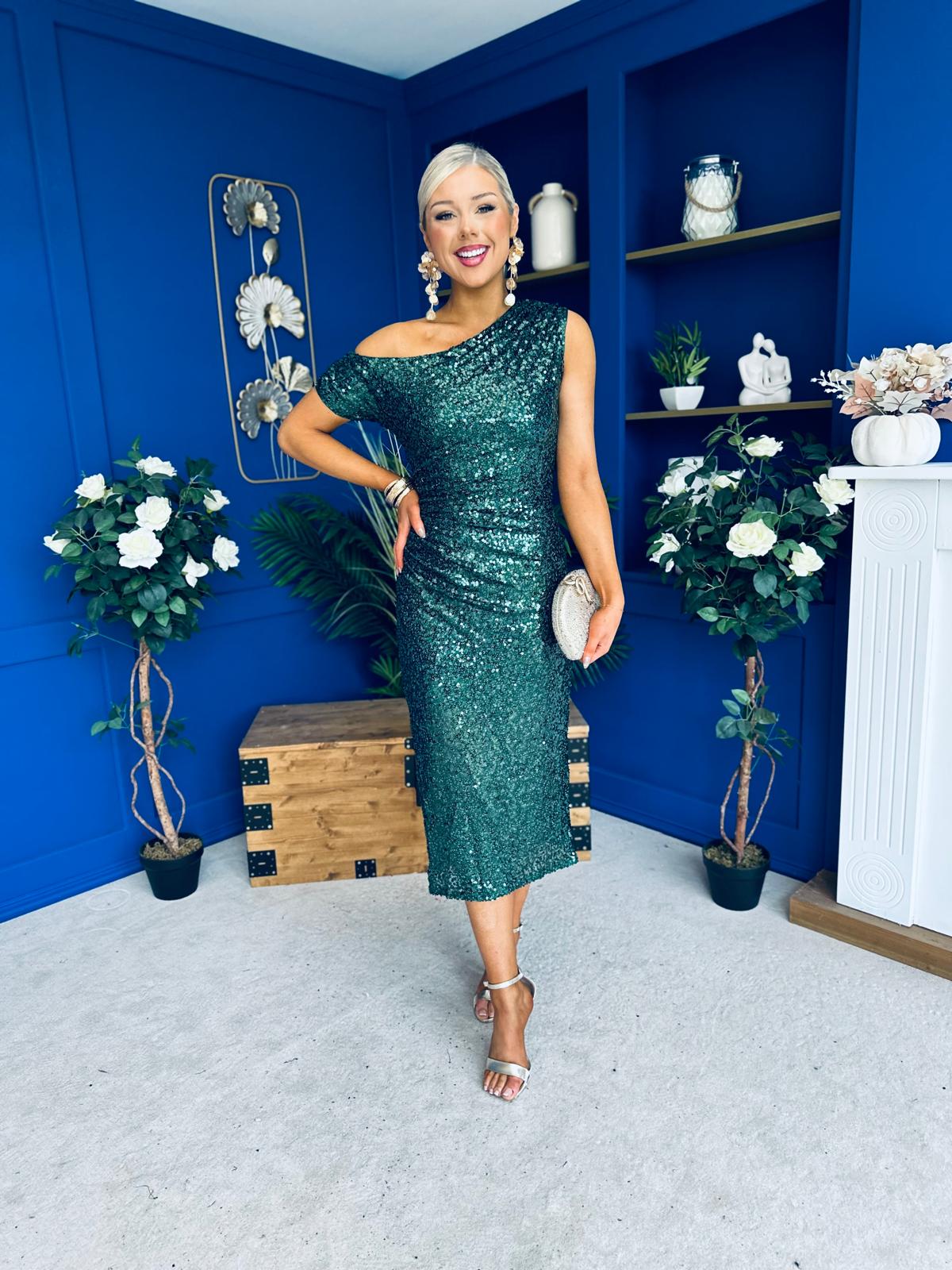 Donna Sequin Asymmetric Occasion Dress Forest