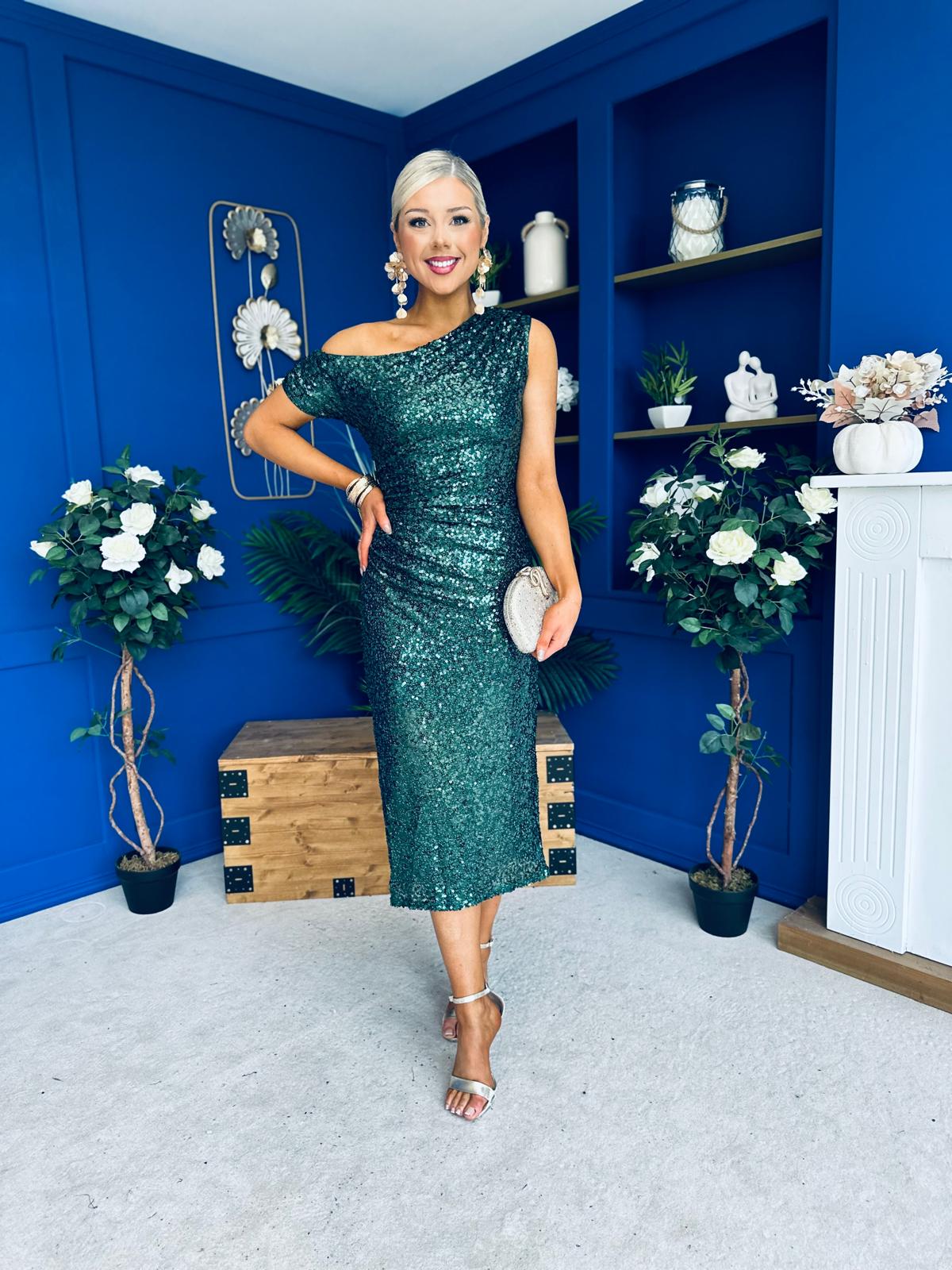 Donna Sequin Asymmetric Occasion Dress Forest