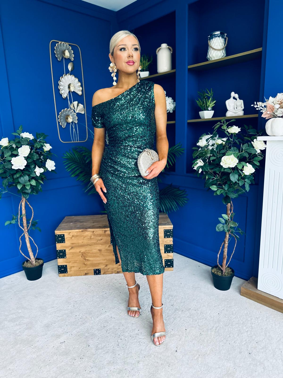 Donna Sequin Asymmetric Occasion Dress Forest