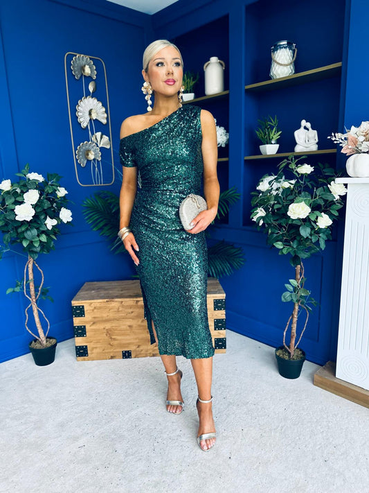 Donna Sequin Asymmetric Occasion Dress Forest