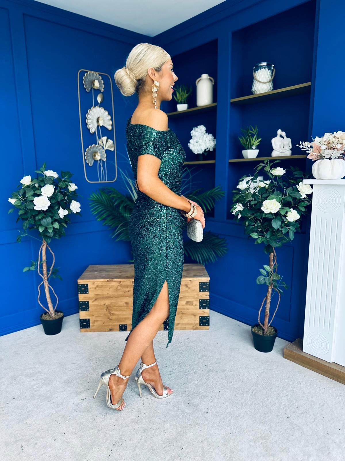 Donna Sequin Asymmetric Occasion Dress Forest