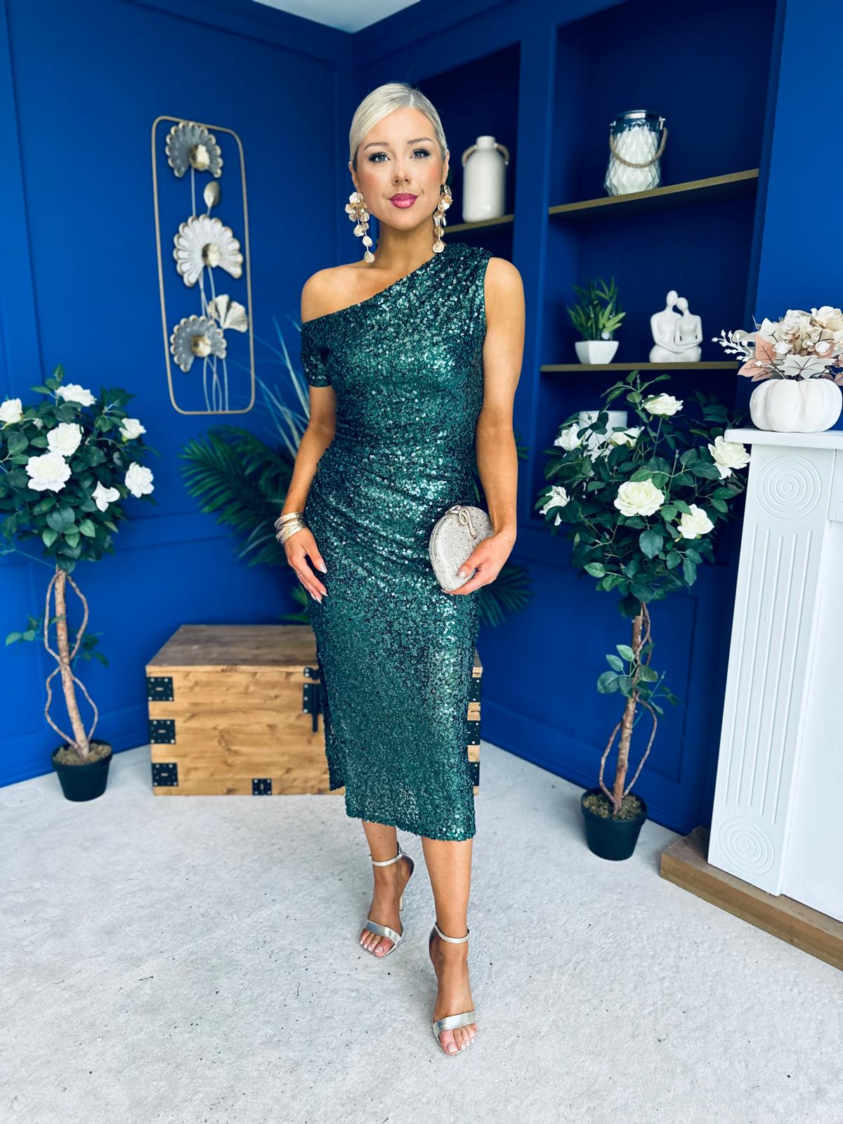 Donna Sequin Asymmetric Occasion Dress Forest