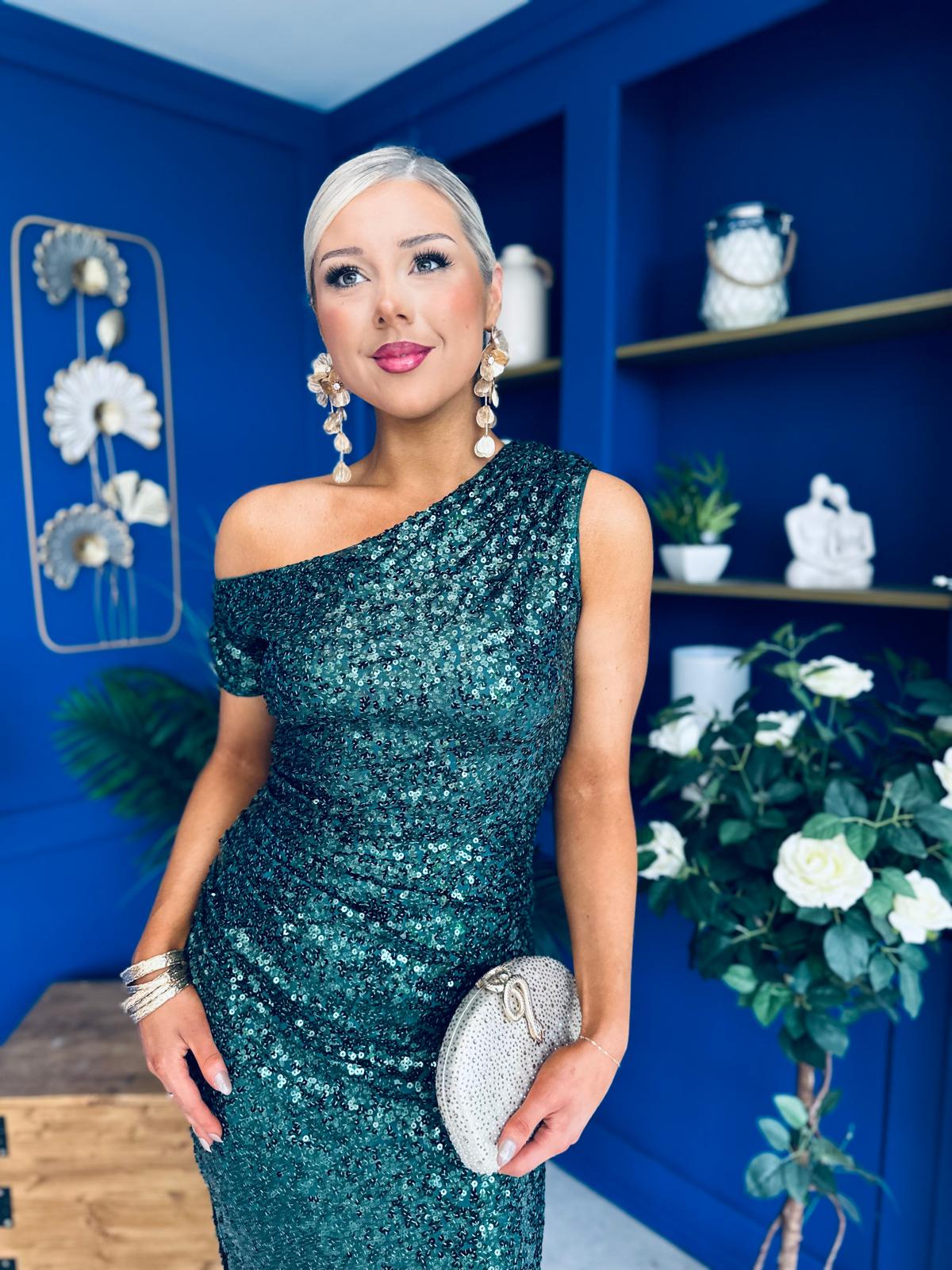 Donna Sequin Asymmetric Occasion Dress Forest