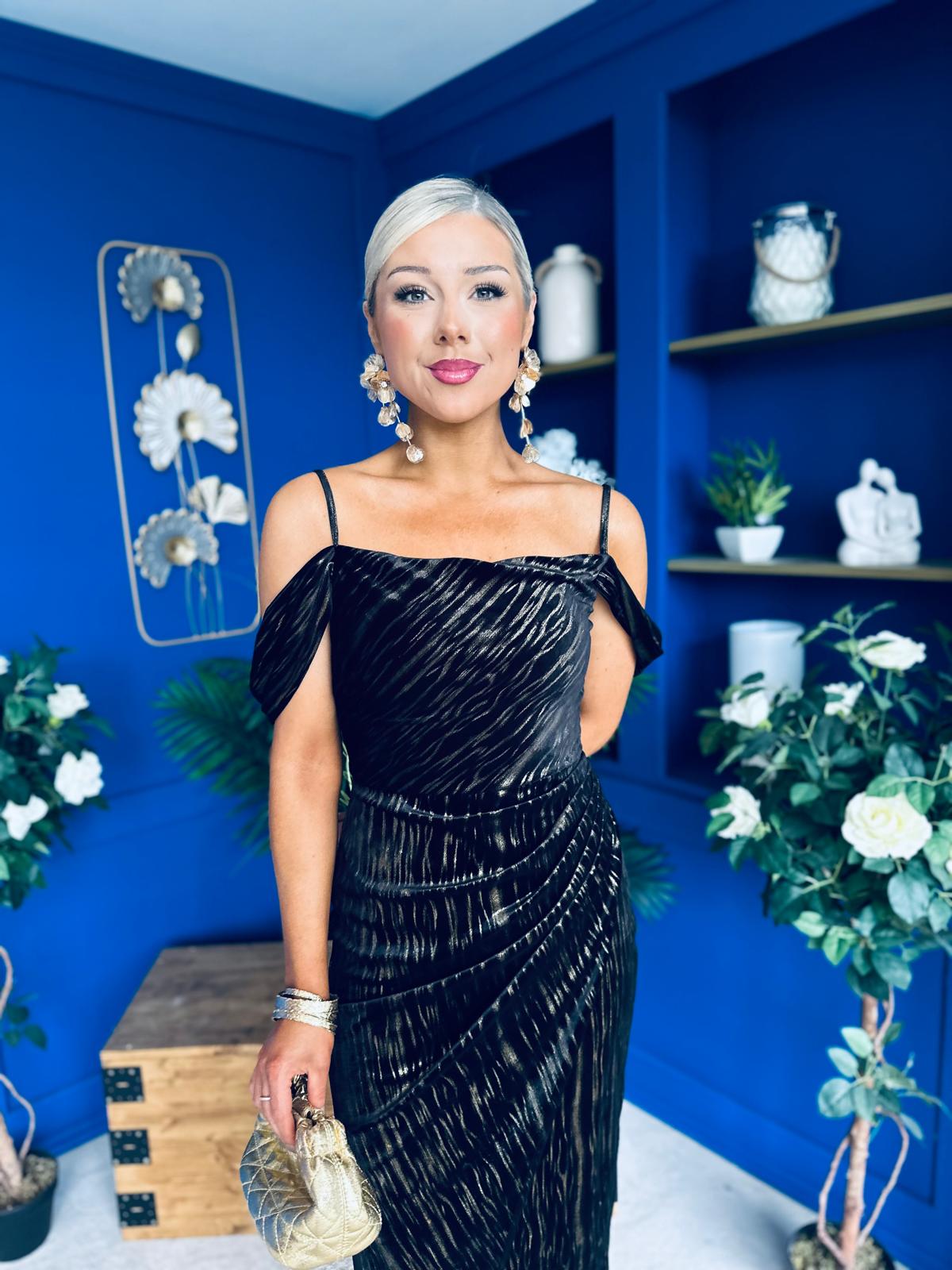 Camila Velvet Foil Midi Dress Gold and Black