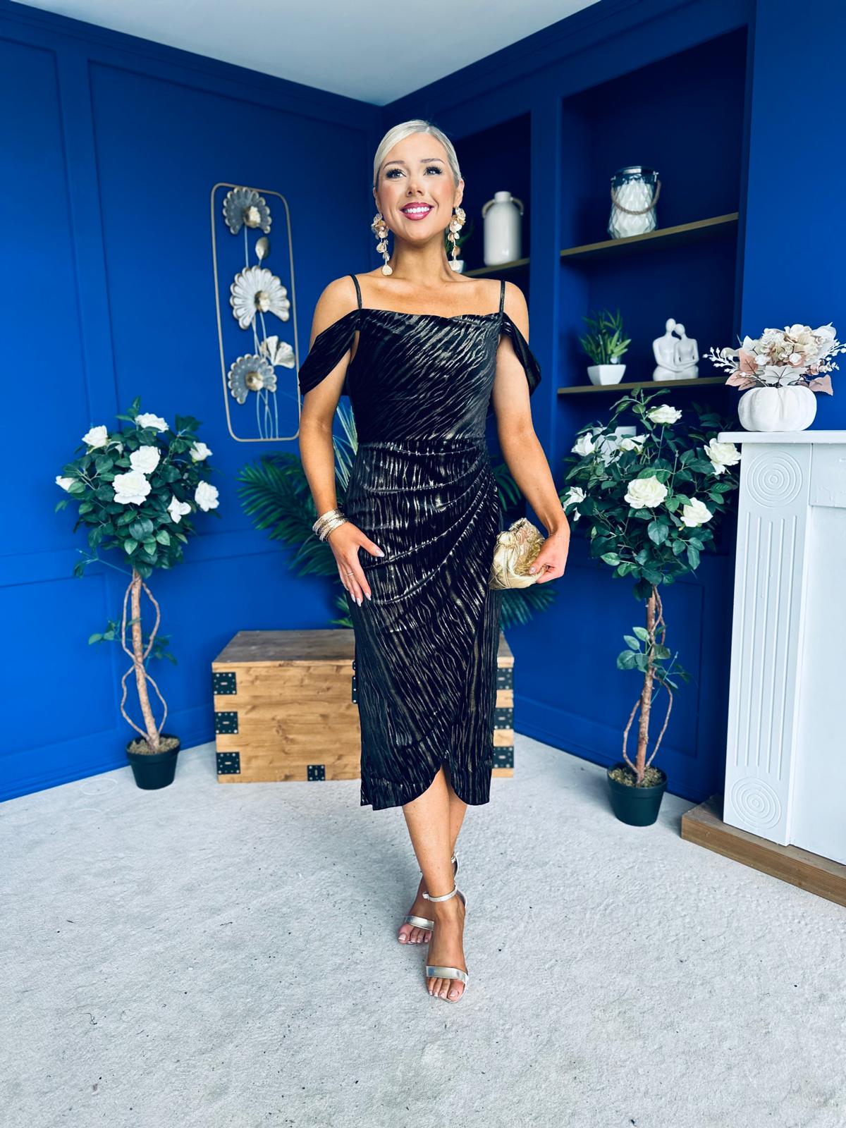 Camila Velvet Foil Midi Dress Gold and Black