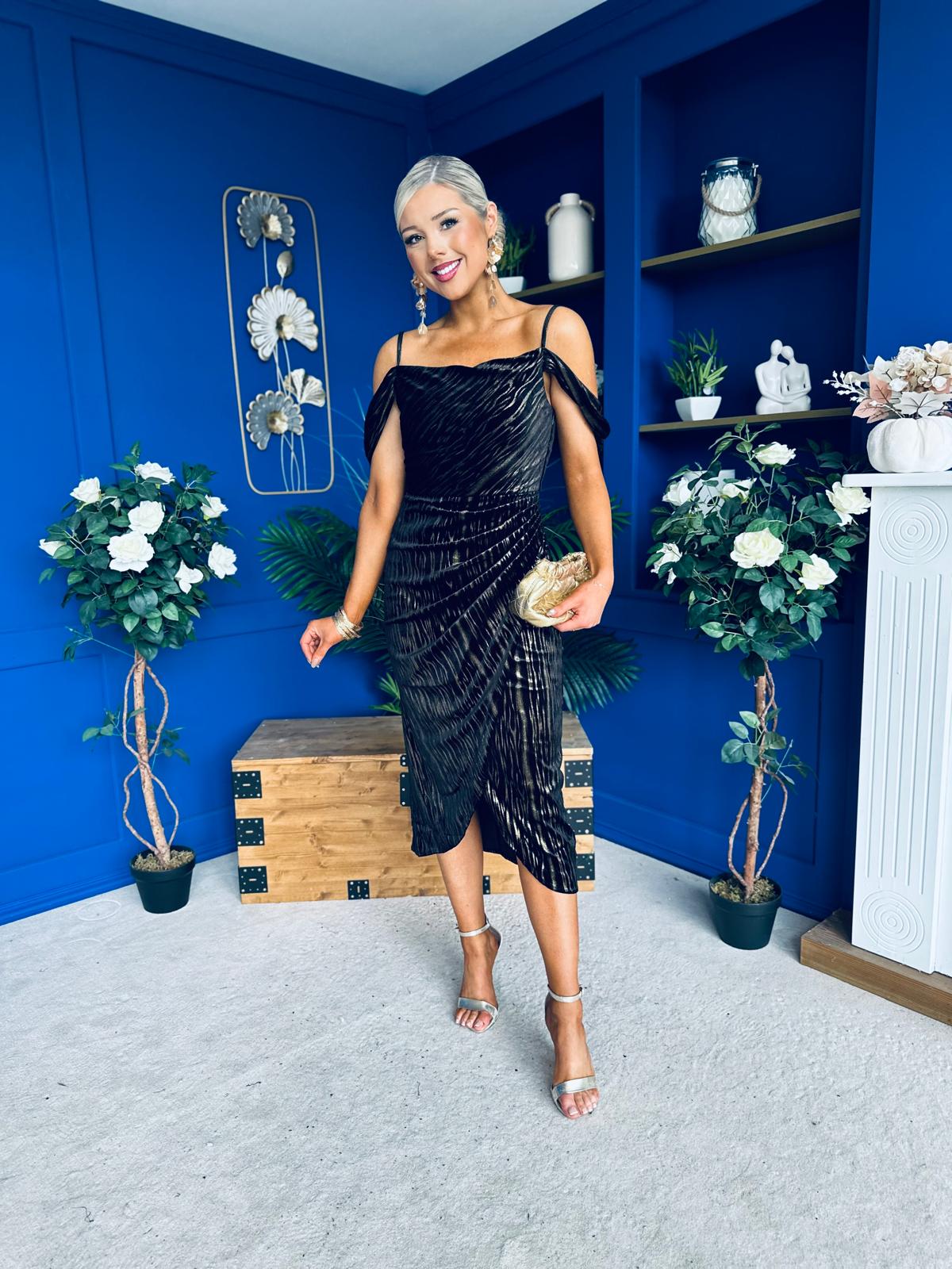 Camila Velvet Foil Midi Dress Gold and Black