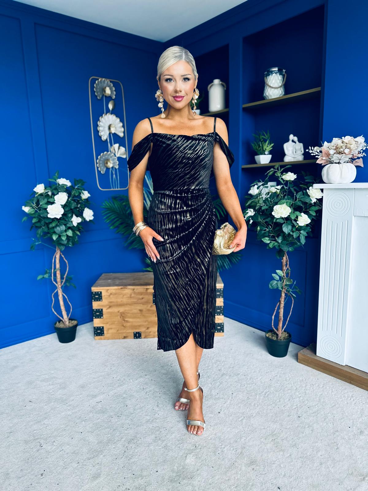 Camila Velvet Foil Midi Dress Gold and Black