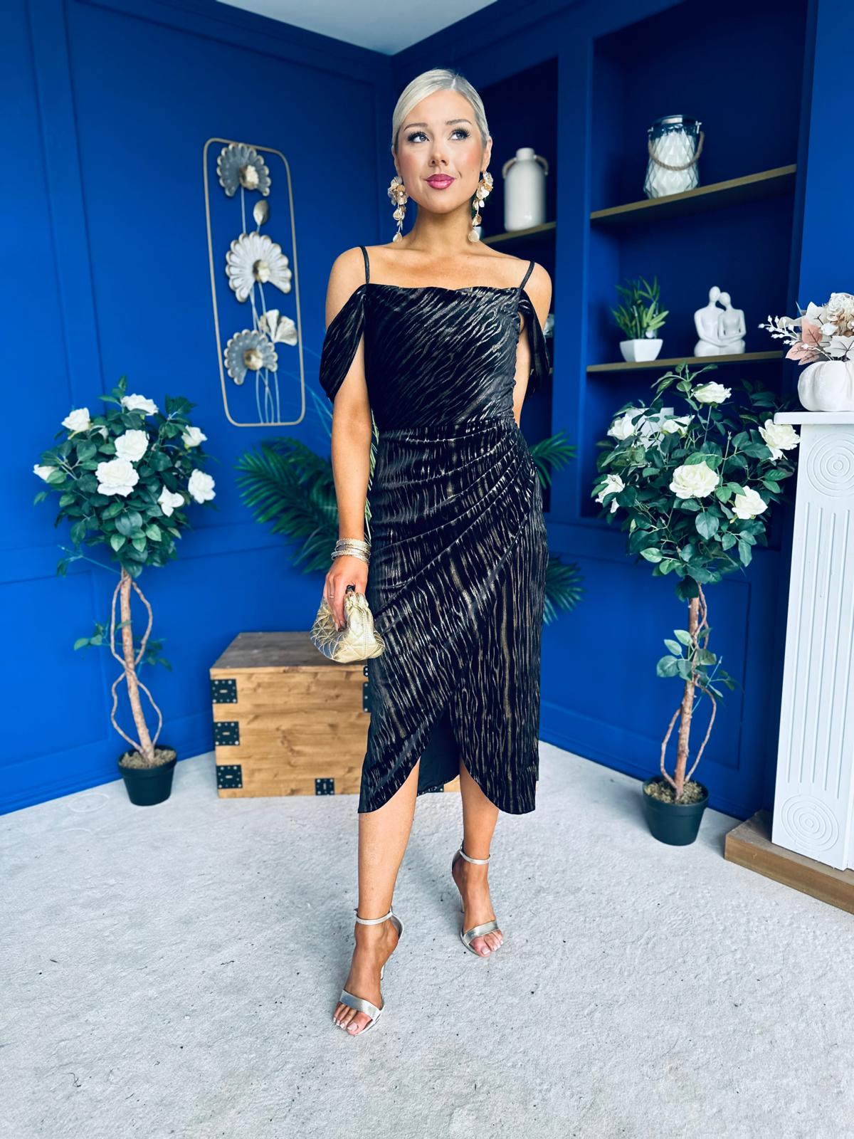 Camila Velvet Foil Midi Dress Gold and Black