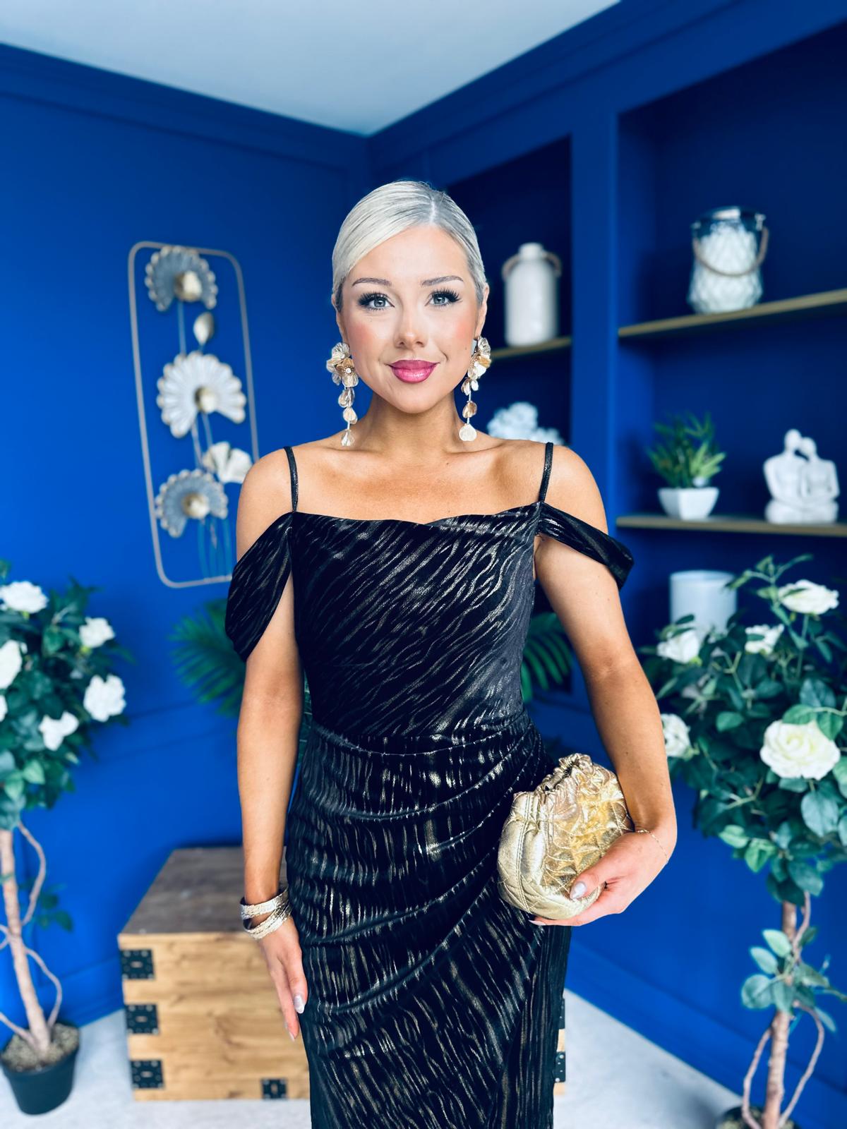 Camila Velvet Foil Midi Dress Gold and Black