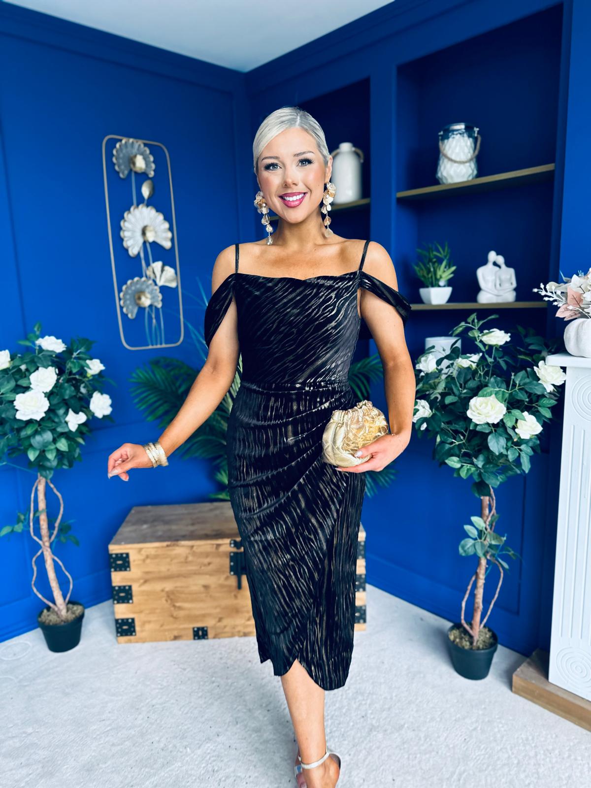 Camila Velvet Foil Midi Dress Gold and Black