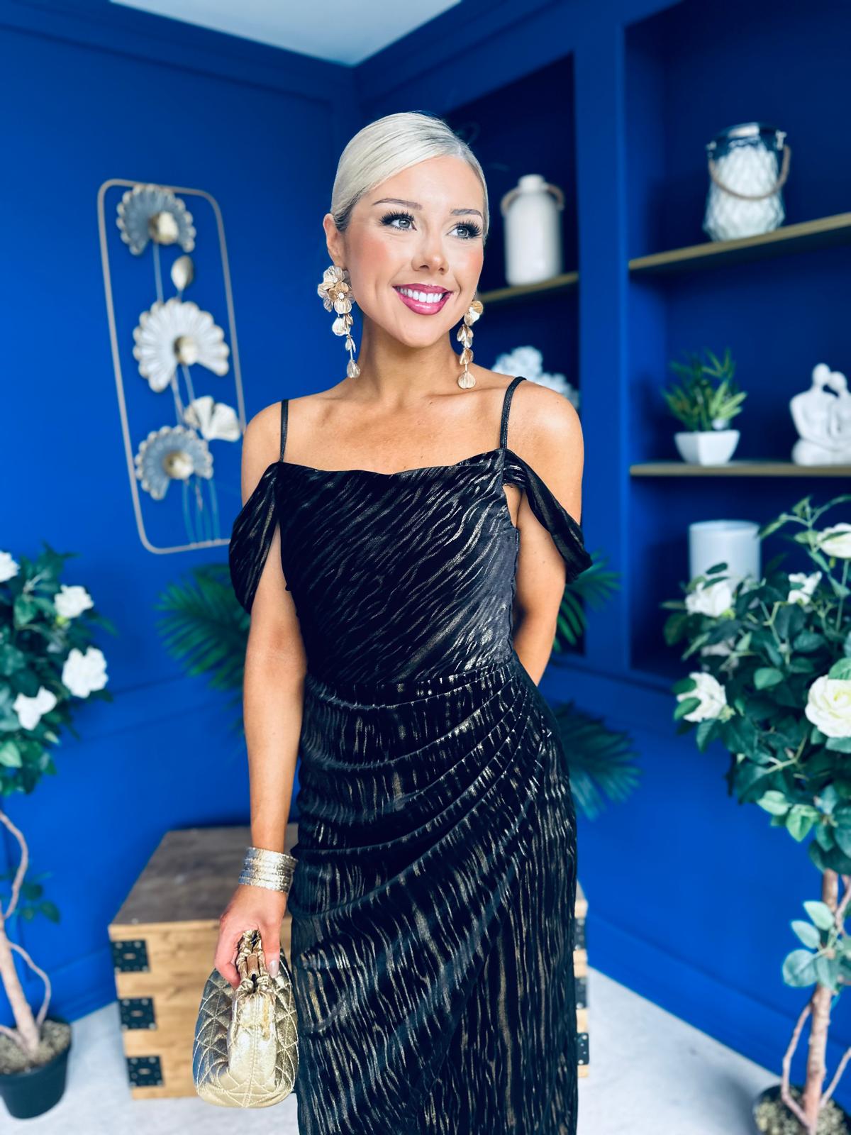 Camila Velvet Foil Midi Dress Gold and Black