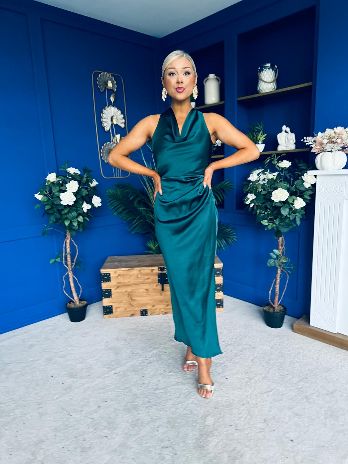 Lucia Satin Cowl Neck Cross Back Midi Dress Forest