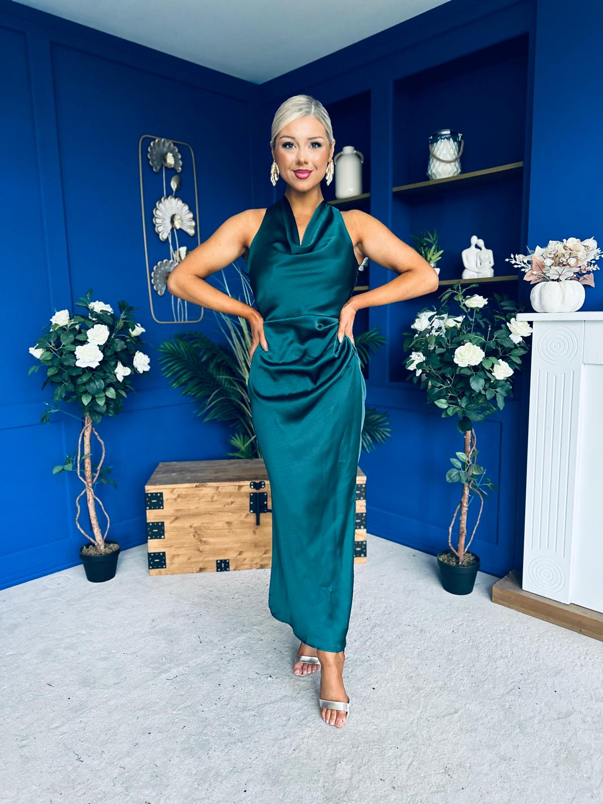 Lucia Satin Cowl Neck Cross Back Midi Dress Forest