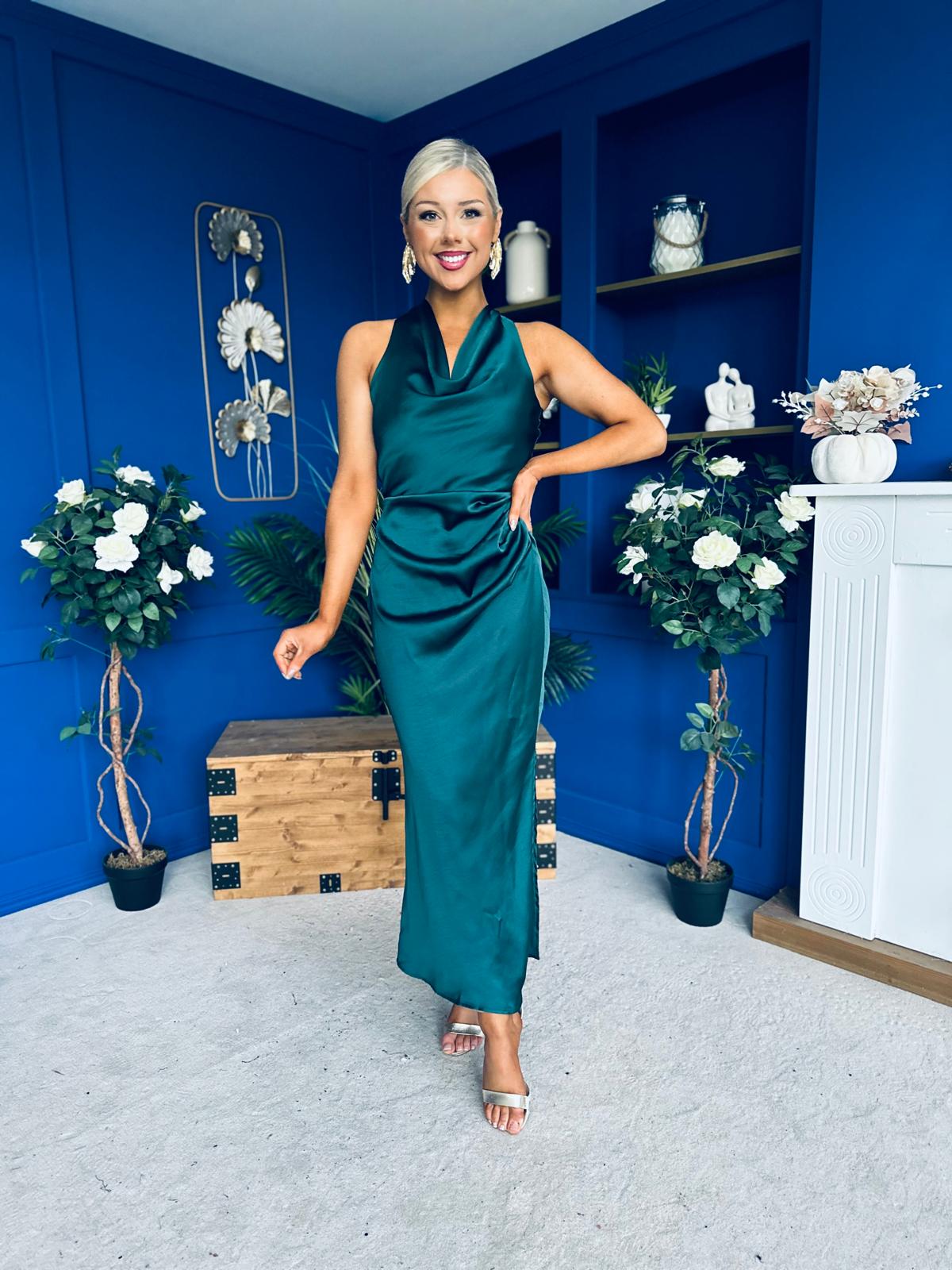 Lucia Satin Cowl Neck Cross Back Midi Dress Forest