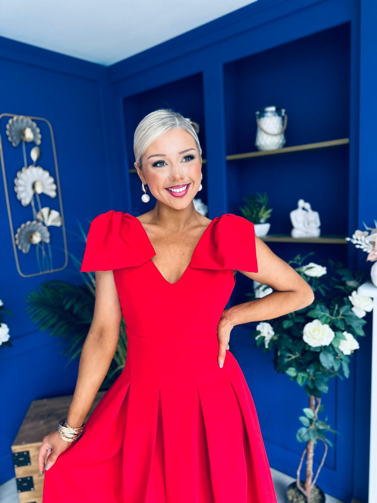 Matilda Bow Detail Occasion Dress Red