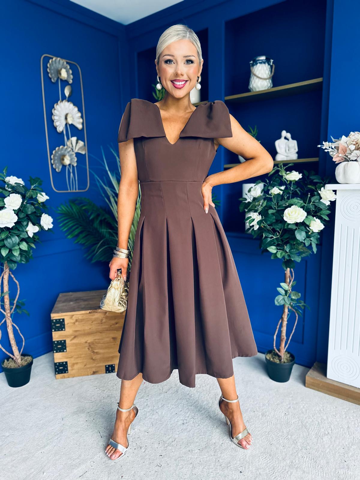 Matilda Bow Detail Occasion Dress Chocolate