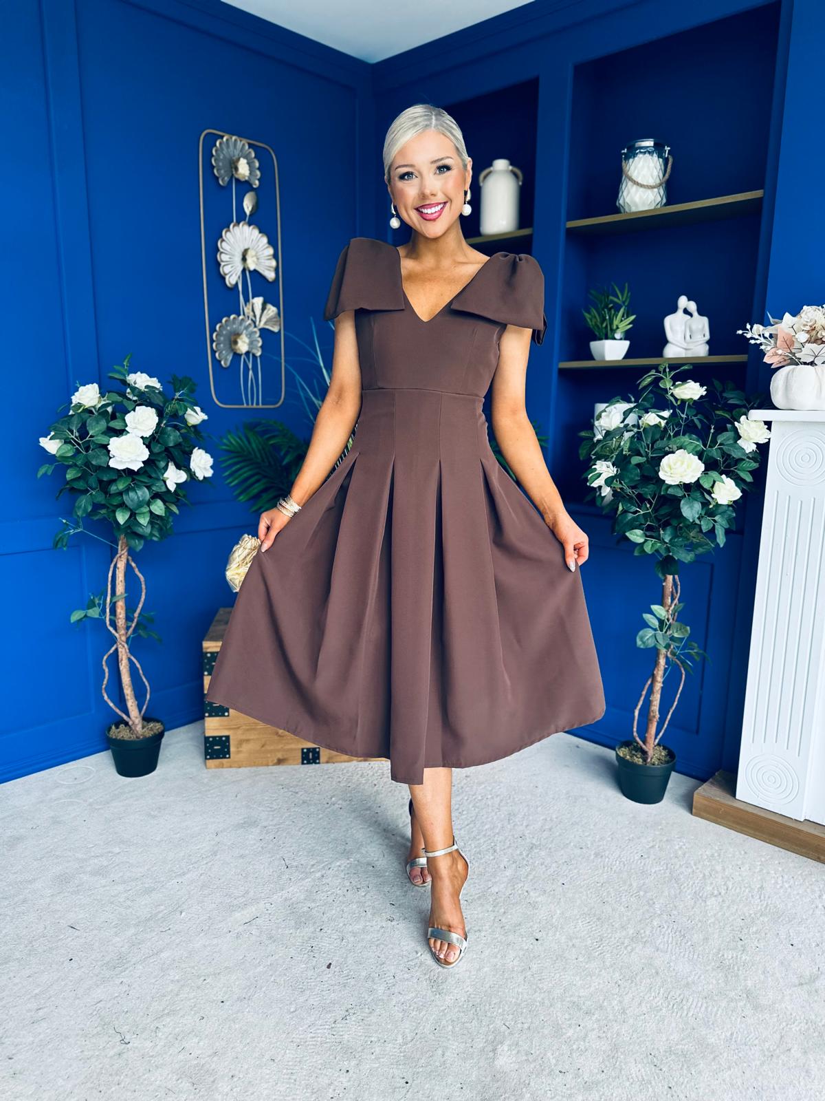 Matilda Bow Detail Occasion Dress Chocolate