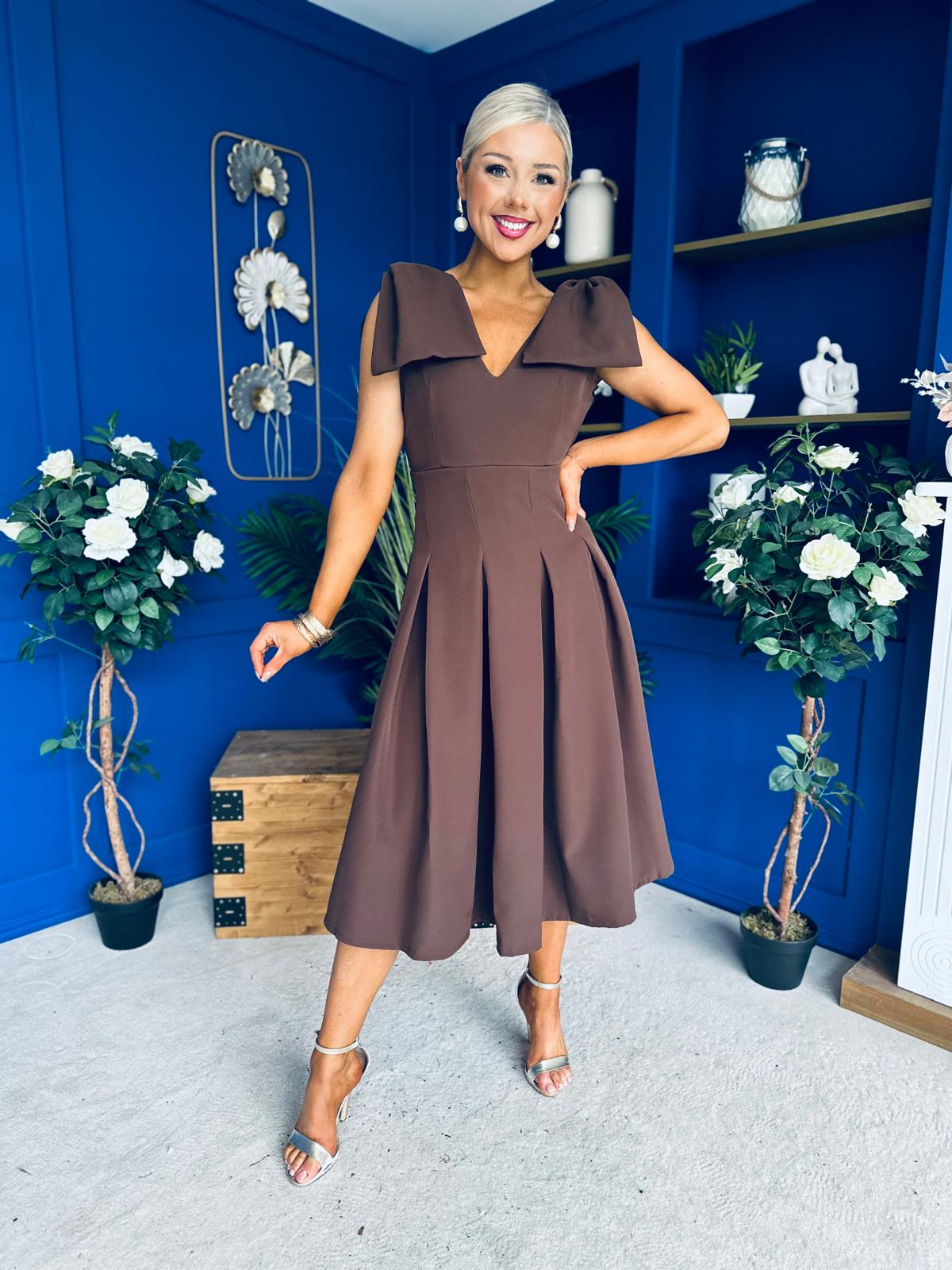 Matilda Bow Detail Occasion Dress Chocolate