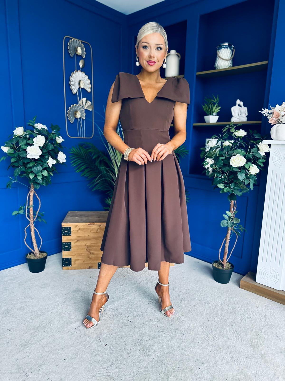 Matilda Bow Detail Occasion Dress Chocolate