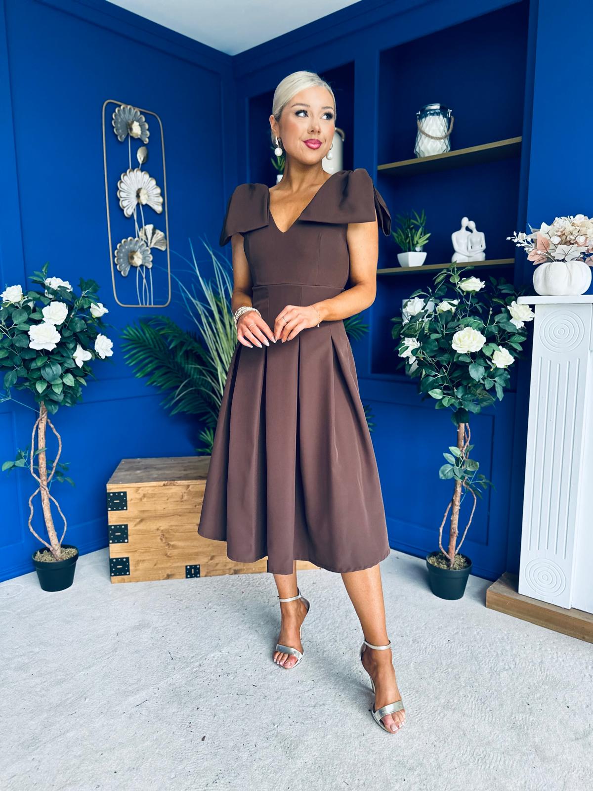 Matilda Bow Detail Occasion Dress Chocolate