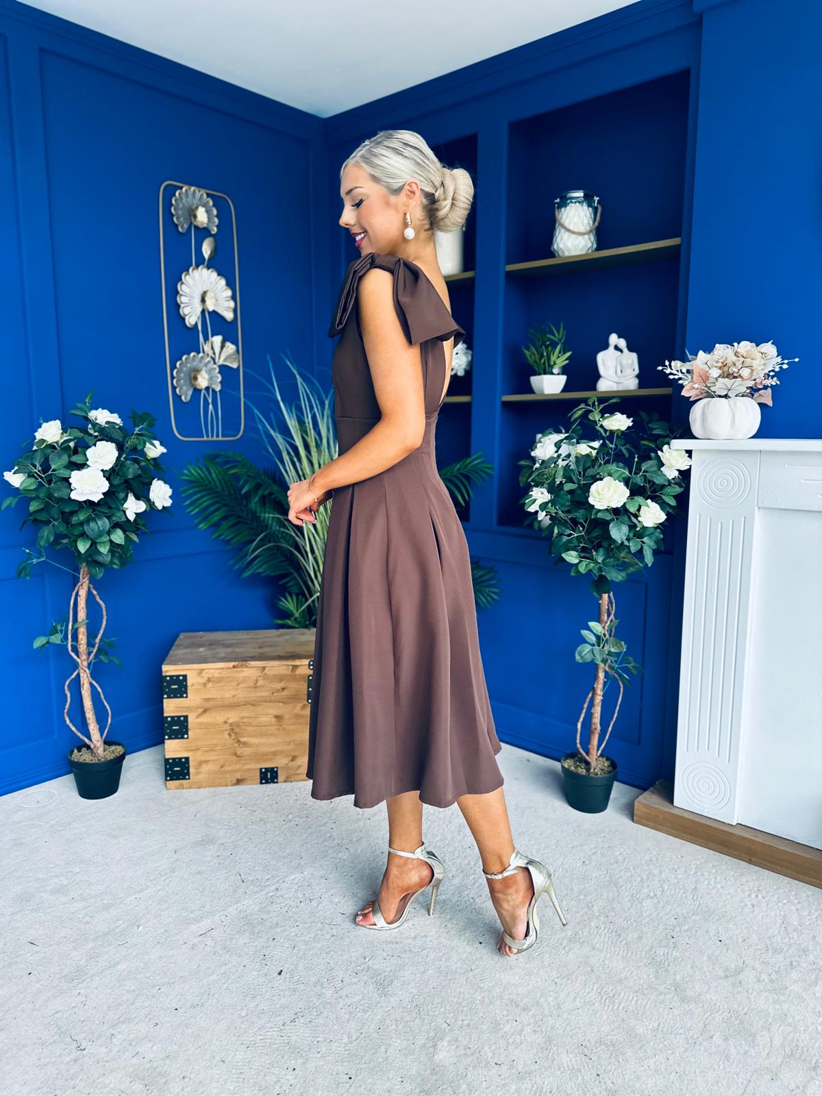 Matilda Bow Detail Occasion Dress Chocolate