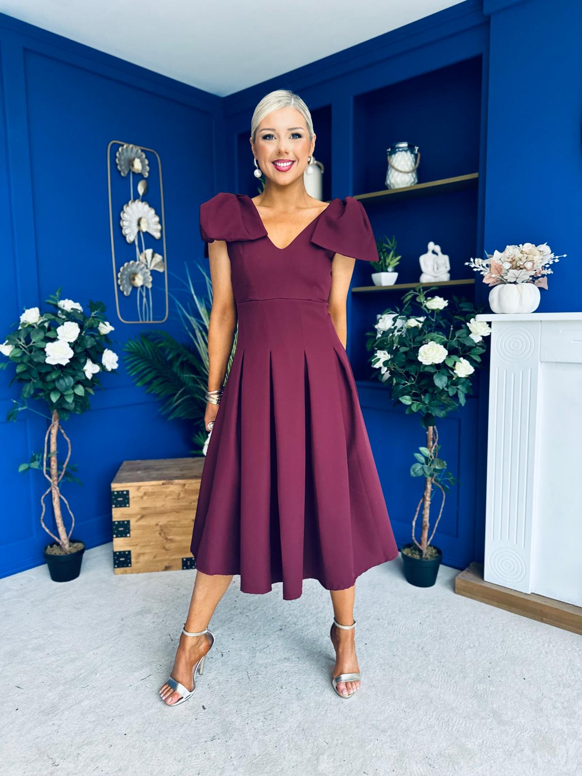 Matilda Bow Detail Occasion Dress Wine